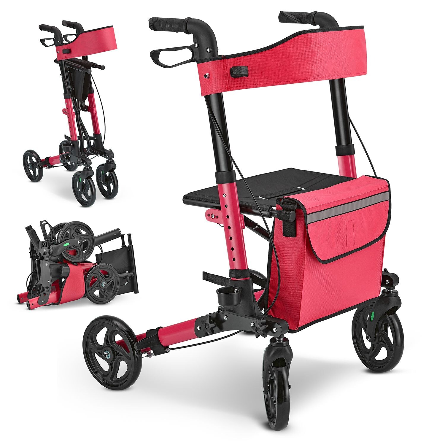 Juskys Rollator Vital faltbar, leicht & höhenverstellbar aus Aluminium bis 130 kg mit Sitz Rot | 04260565522690