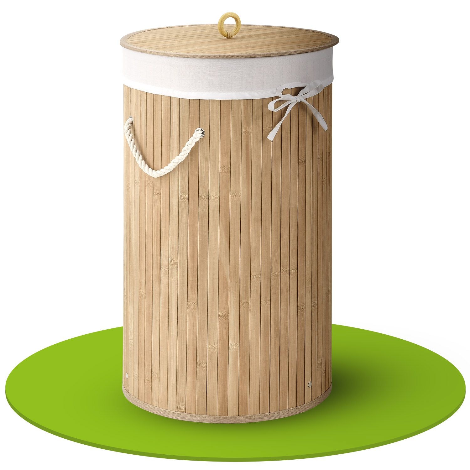Juskys Bambus W&auml;schekorb Curly-Round 55 Liter W&auml;schesammler mit Deckel, Griff & W&auml;schesack &ndash; Natur - Bild 1