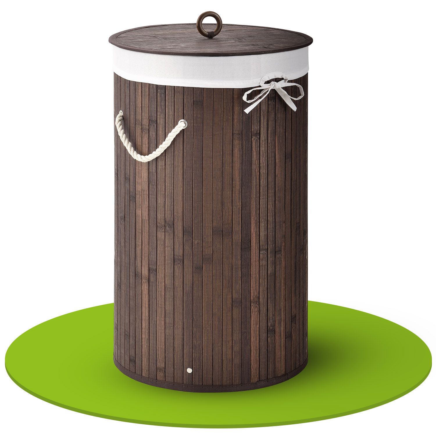 Juskys Bambus W&auml;schekorb Curly-Round 55 Liter W&auml;schesammler mit Deckel, Griff & W&auml;schesack &ndash; Braun - Bild 1