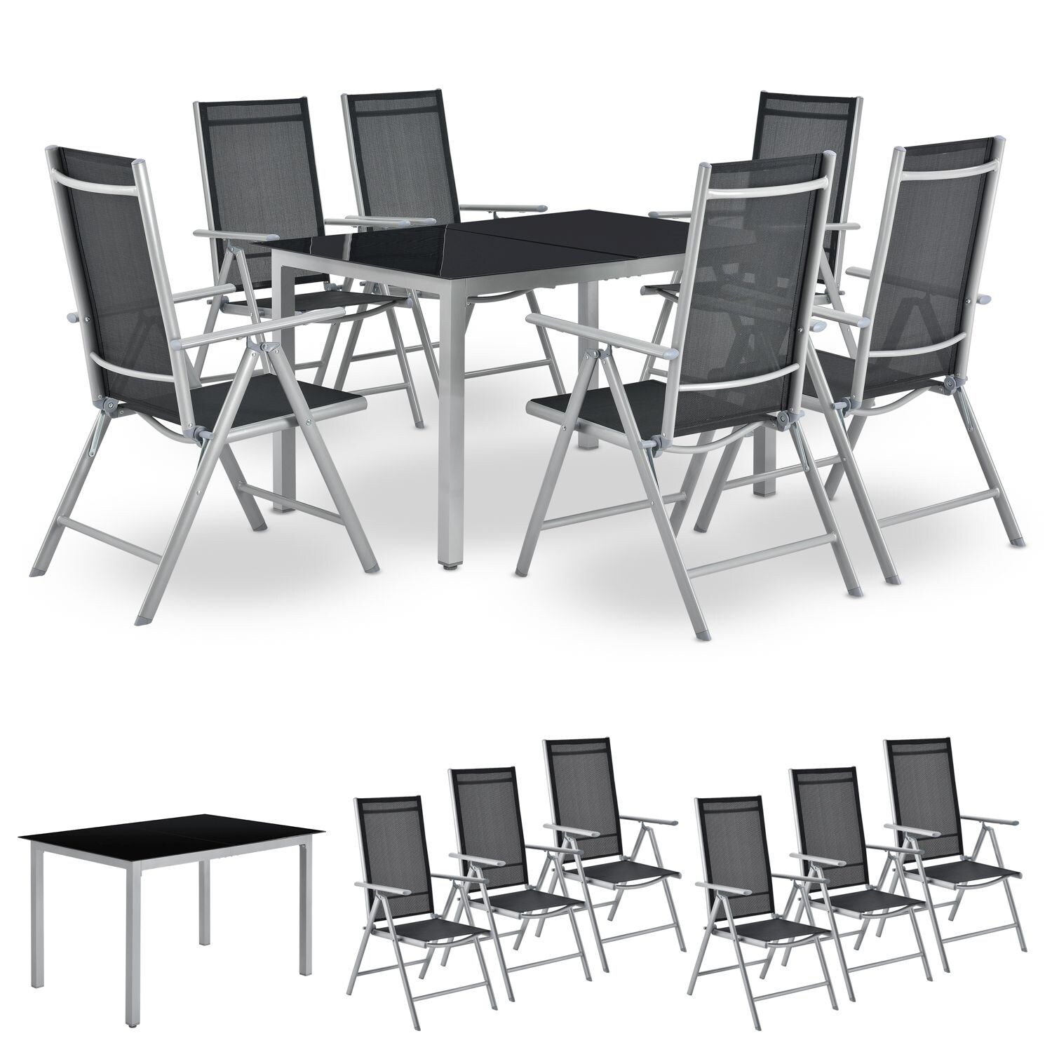 Juskys Aluminium Gartengarnitur Milano Gartenmöbel Set mit Tisch und 6 Stühlen Silber-Grau | 04260565522997