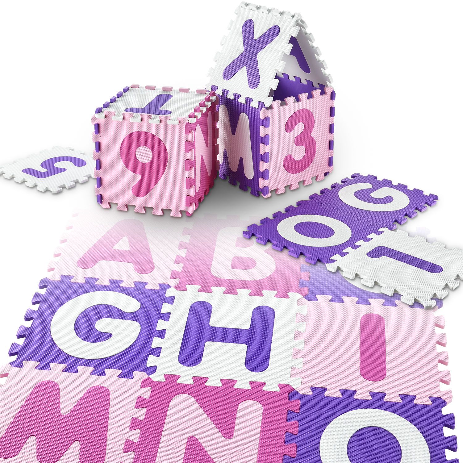 Juskys Kinder Puzzlematte Juna 36 Teile mit Buchstaben & Zahlen - rutschfest &ndash; rosa f&uuml;r M&auml;dchen - Bild 1