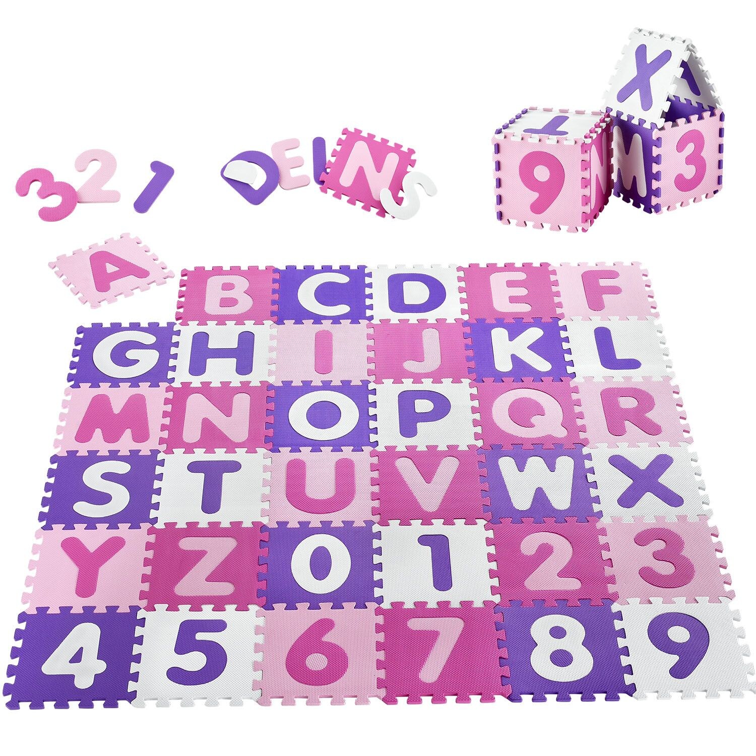 Juskys Kinder Puzzlematte Juna 36 Teile mit Buchstaben & Zahlen – rutschfest – rosa für Mädchen | 04260565522645
