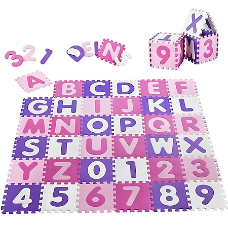 Juskys Kinder Puzzlematte Juna 36 Teile mit Buchstaben & Zahlen - rutschfest – rosa für Mädchen - Bild 1