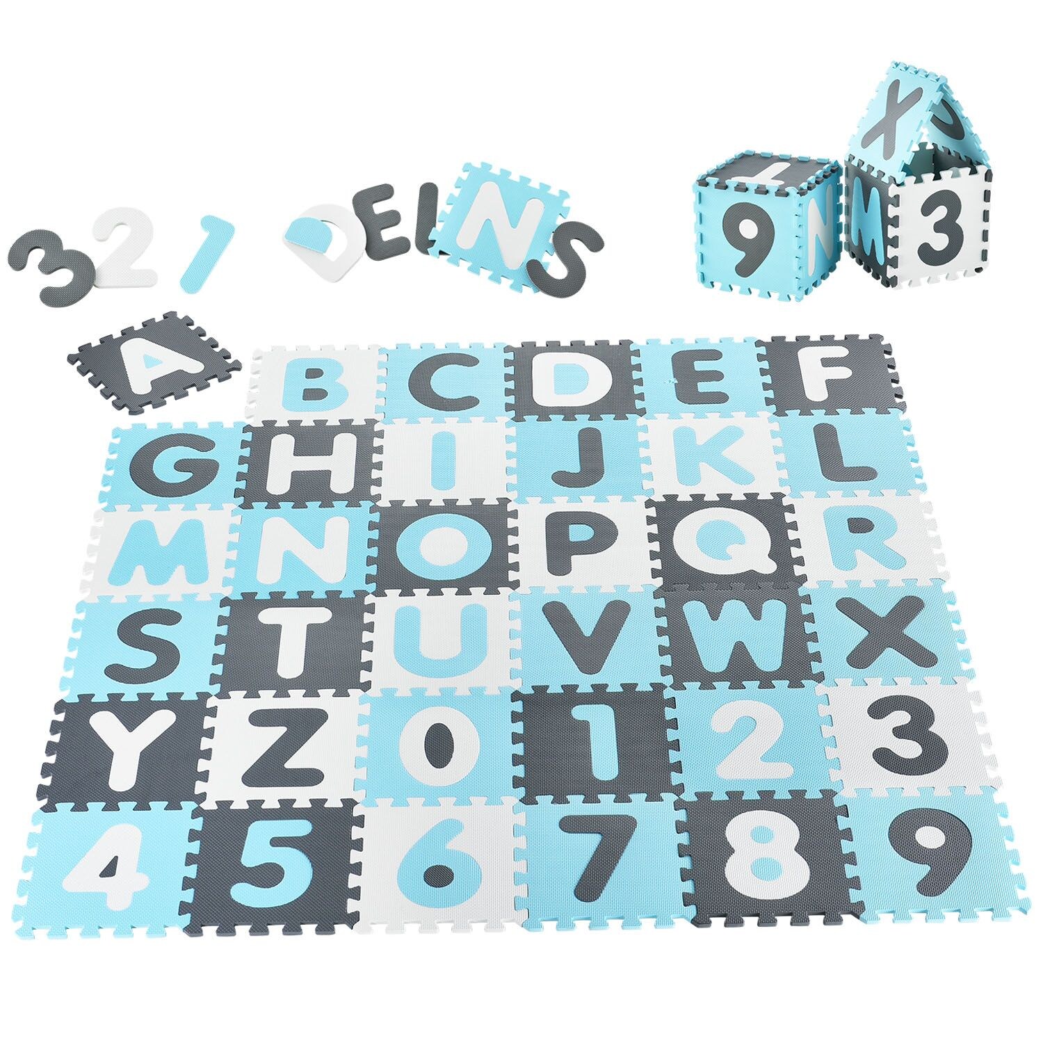 Juskys Kinder Puzzlematte Noah 36 Teile mit Buchstaben & Zahlen – rutschfest – blau für Jungen | 04260565522652