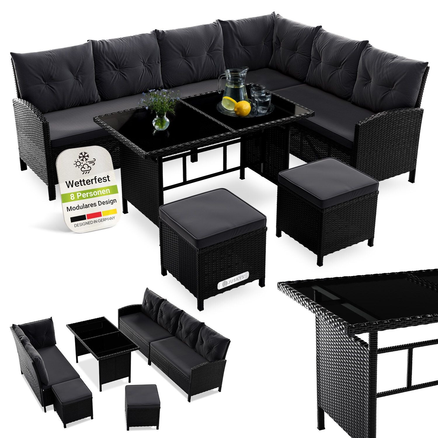 Juskys Gartenlounge Manacor schwarz - Sofa, Tisch, Hocker & Kissen - 8 Personen - Sitzbezüge in Grau