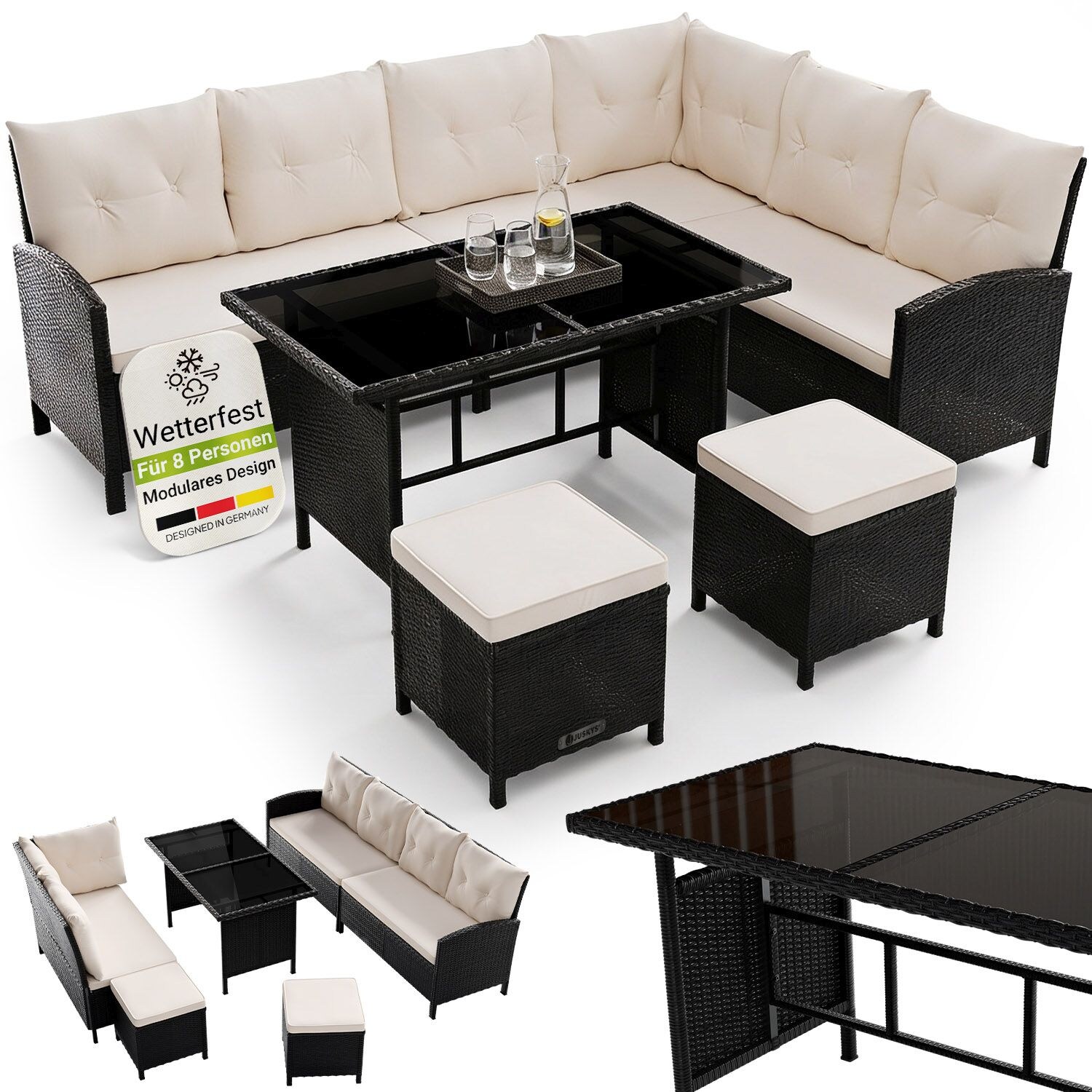 Juskys Gartenlounge Manacor schwarz - Sofa, Tisch, Hocker & Kissen - 8 Personen - Sitzbezüge Creme