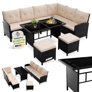Juskys Gartenlounge Manacor schwarz - Sofa, Tisch, Hocker & Kissen - 7 Personen - Sitzbez&uuml;ge Creme - Bild 1