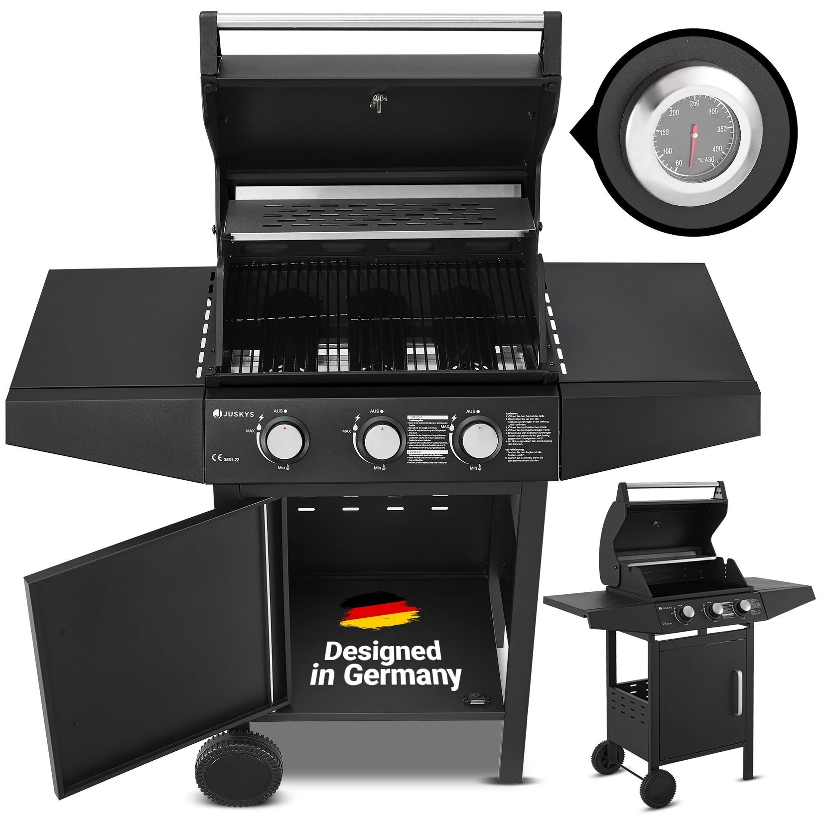 Juskys BBQ Gas-Grill Louisiana, 3 Brenner Grillrost, Deckel mit Thermometer | 04260565523116