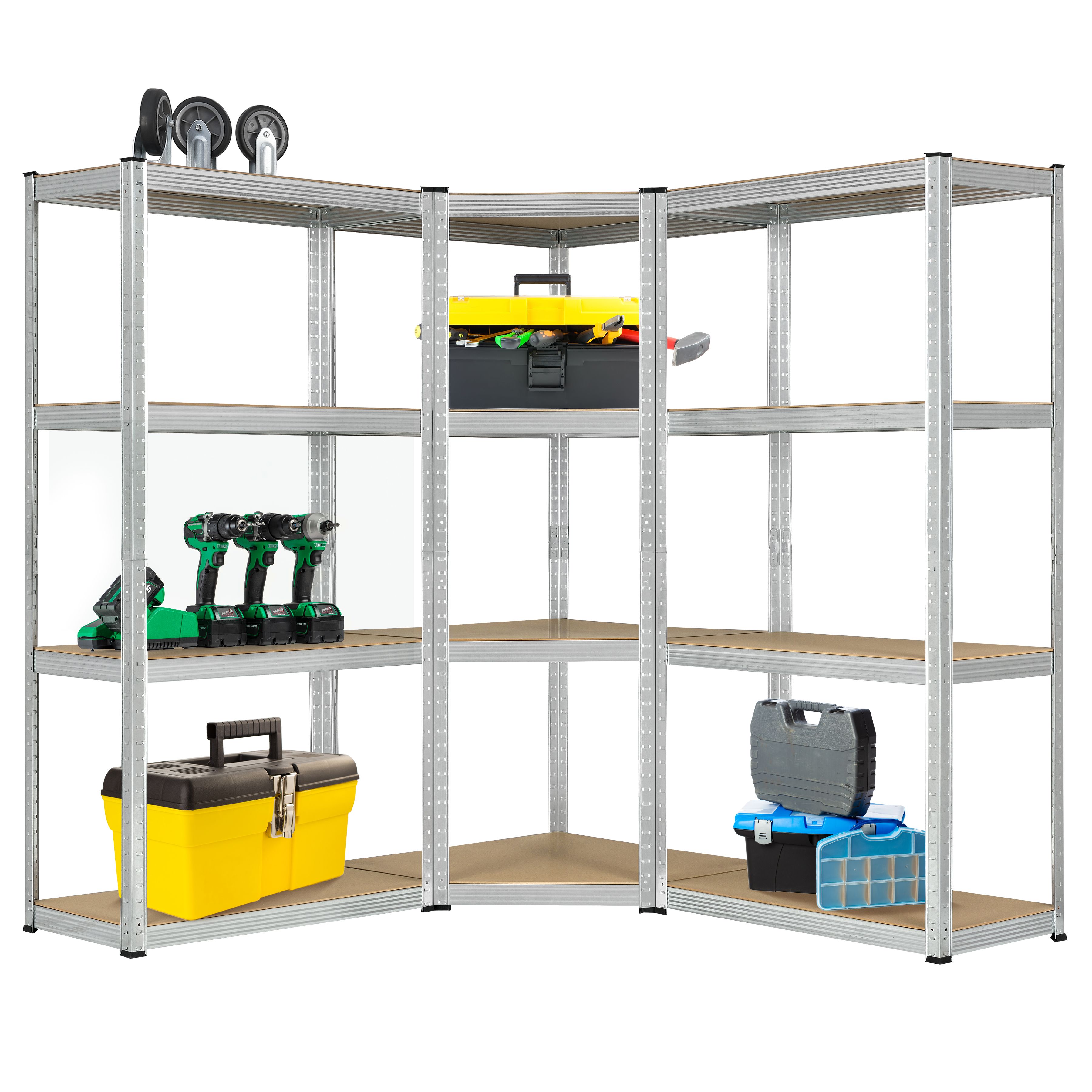 Juskys 3er Metall Regalsystem Easy | 1 Eckregal & 2 Schwerlastregale | 12 MDF Holz B&ouml;den | 960kg - Bild 1