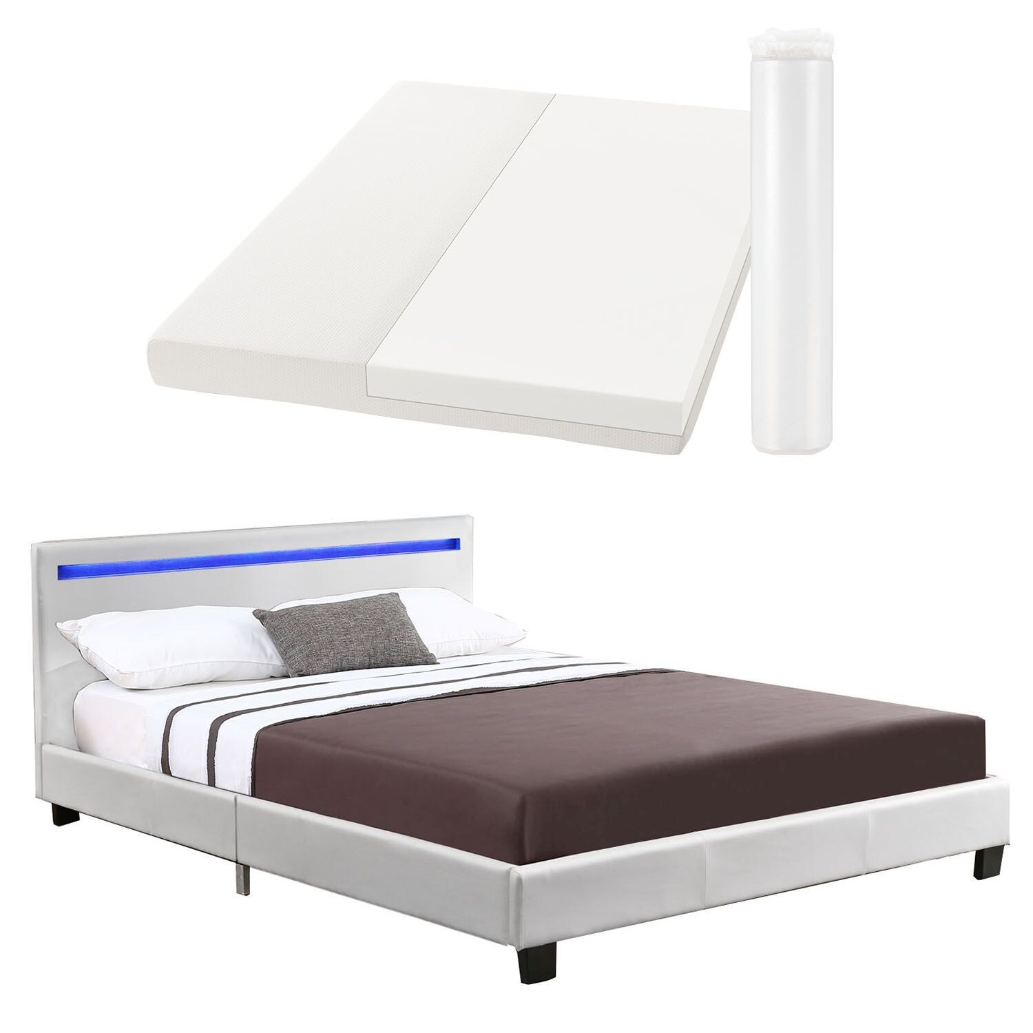 Juskys Polsterbett Paris Verona   120×200 cm   Bettgestell LED-Beleuchtung, Lattenrost & Matratze | 04260565523055