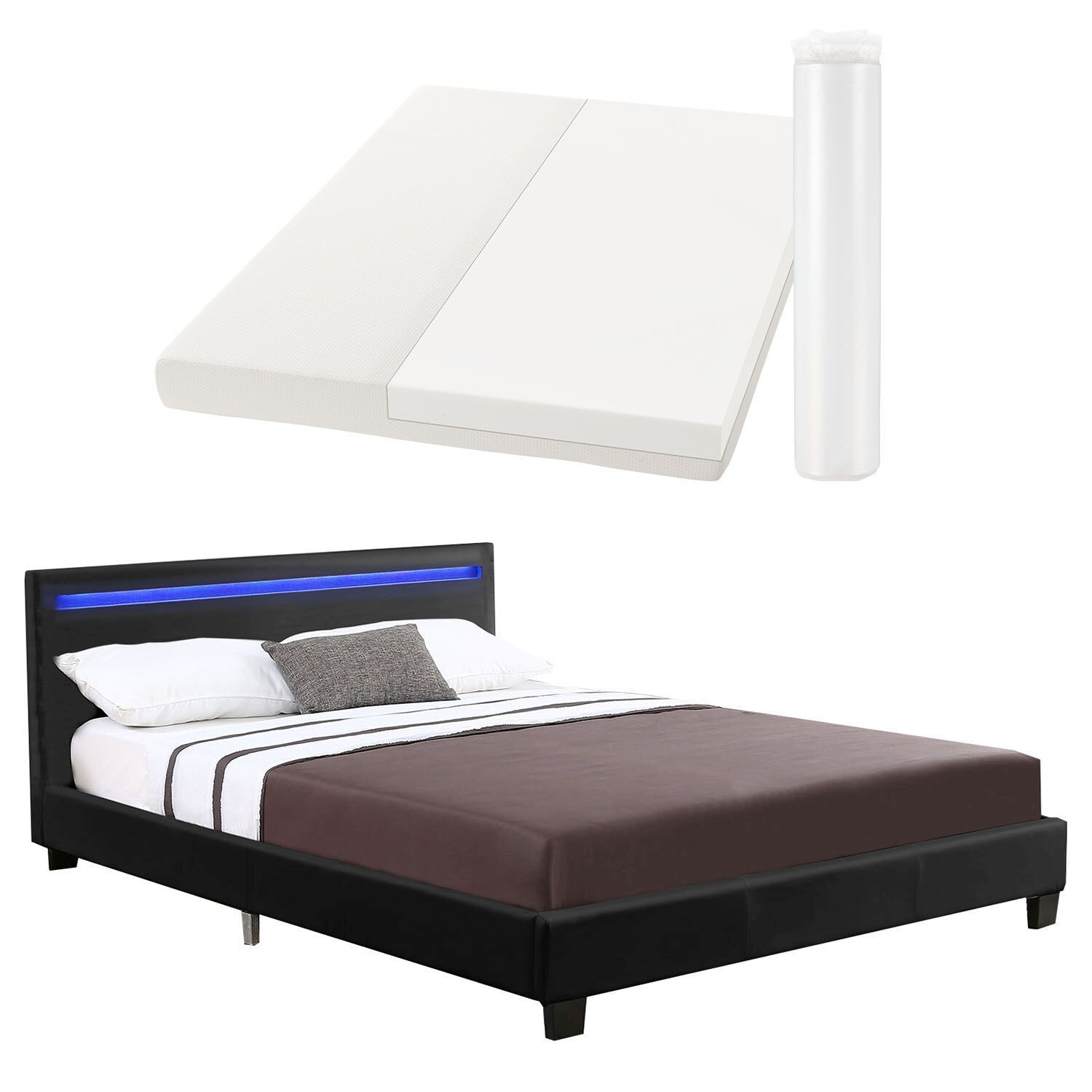 Juskys Polsterbett Verona schwarz   120×200 cm   Bettgestell LED-Beleuchtung, Lattenrost & Matratze | 04260565523062