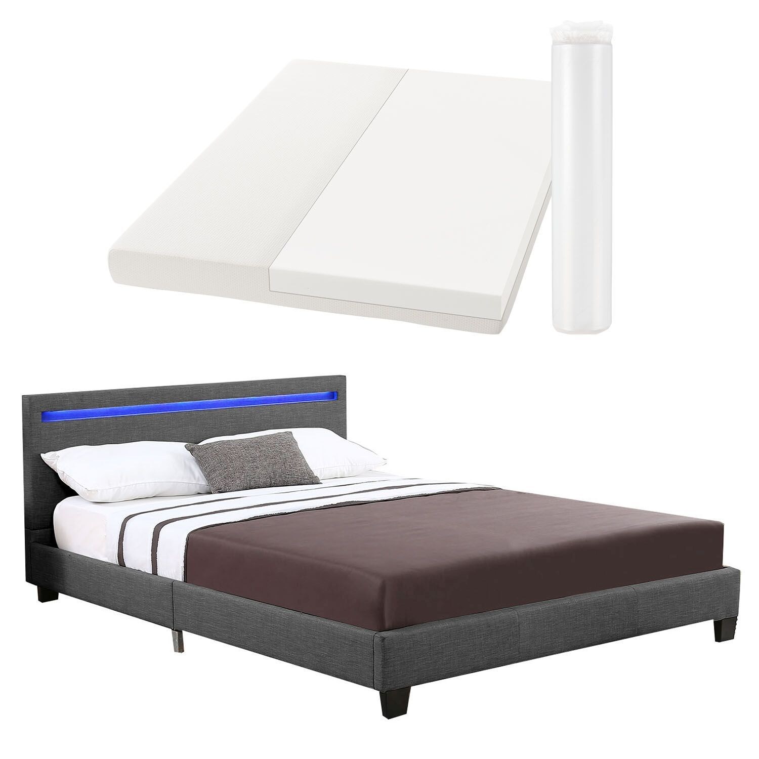 Juskys Polsterbett Verona grau   120×200 cm   Bettgestell LED-Beleuchtung, Lattenrost & Matratze | 04260565523079
