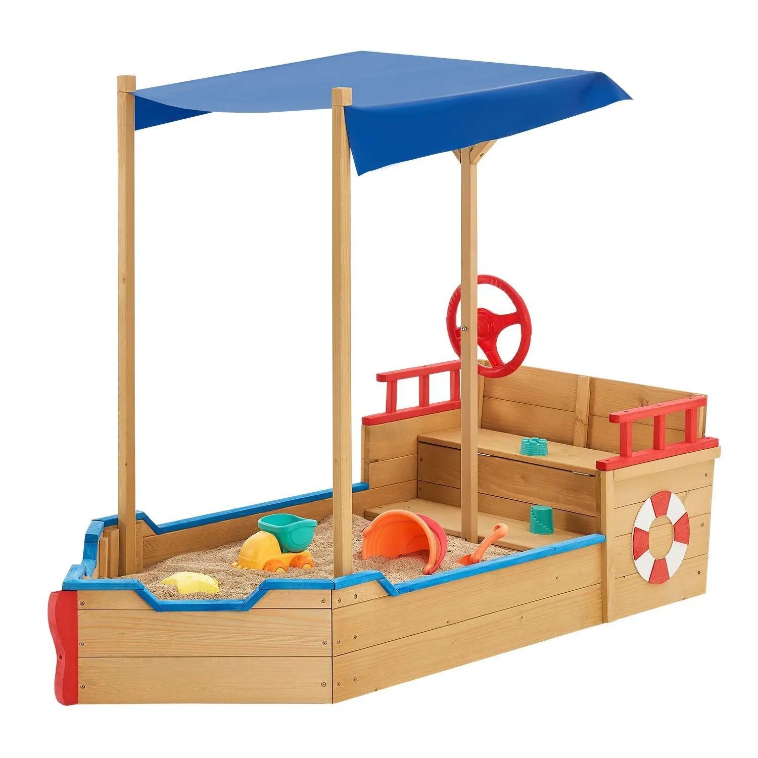 Juskys Sandkasten Käpt’n Pit mit Bodenplane & Dach – Holz Piratenschiff Boot – Sandkiste Sandbox | 04260565523543