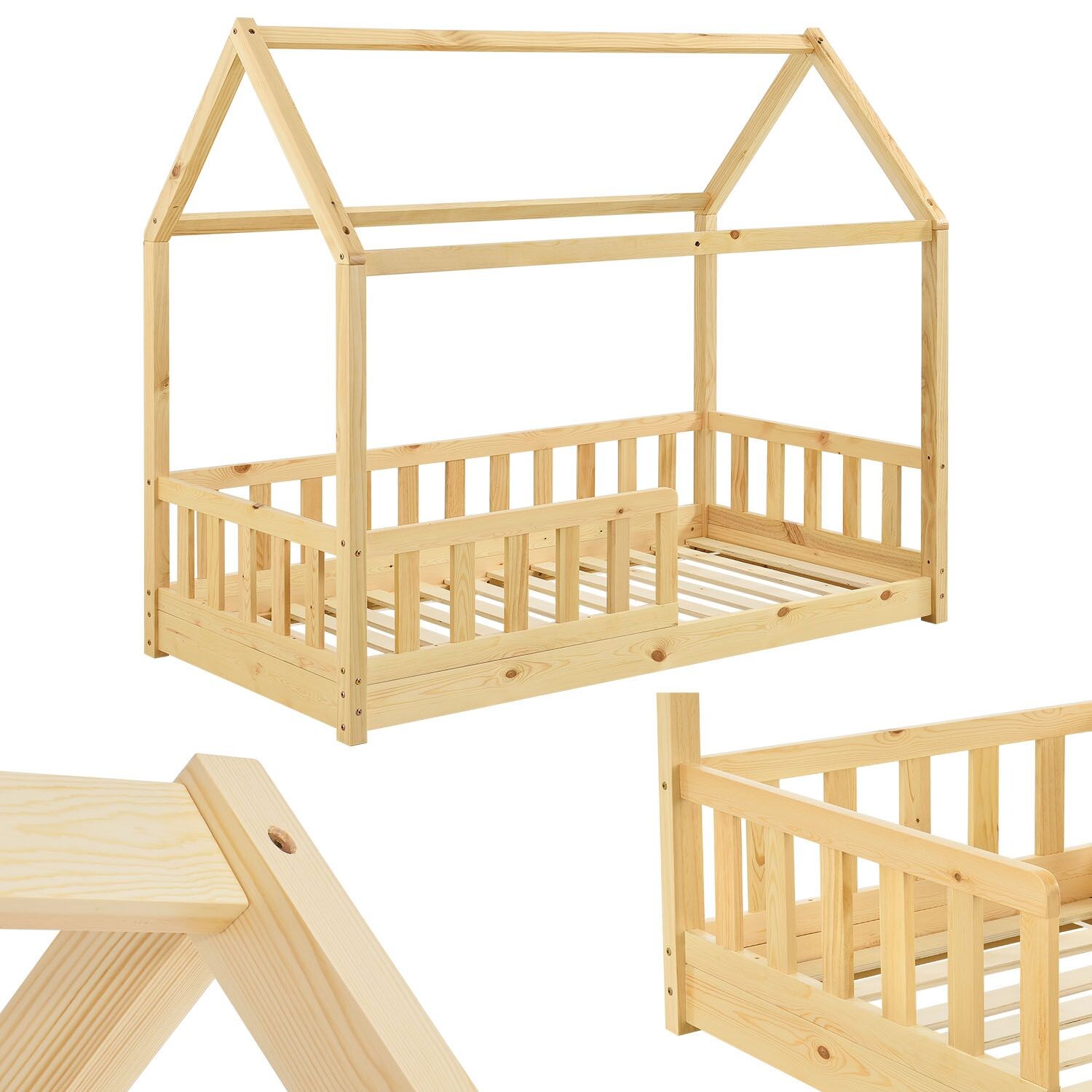 Juskys Kinderbett Marli 80 x 160 cm Rausfallschutz, Lattenrost & Dach   Natur   Hausbett   Holz | 04260565524212