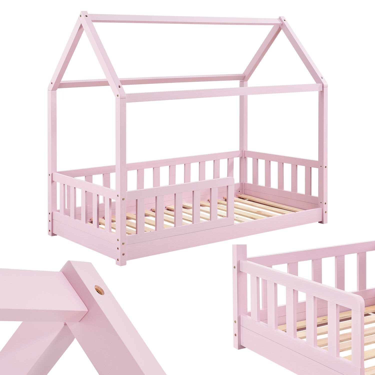 Juskys Kinderbett Marli 80 x 160 cm Rausfallschutz, Lattenrost & Dach   Rosa   Hausbett   Holz | 04260565524229