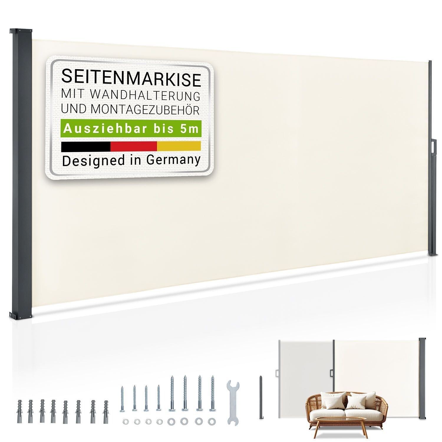 Juskys Seitenmarkise Dubai 500 x 160 cm ausziehbar blickdicht, Sichtschutz Garten, Terrasse beige