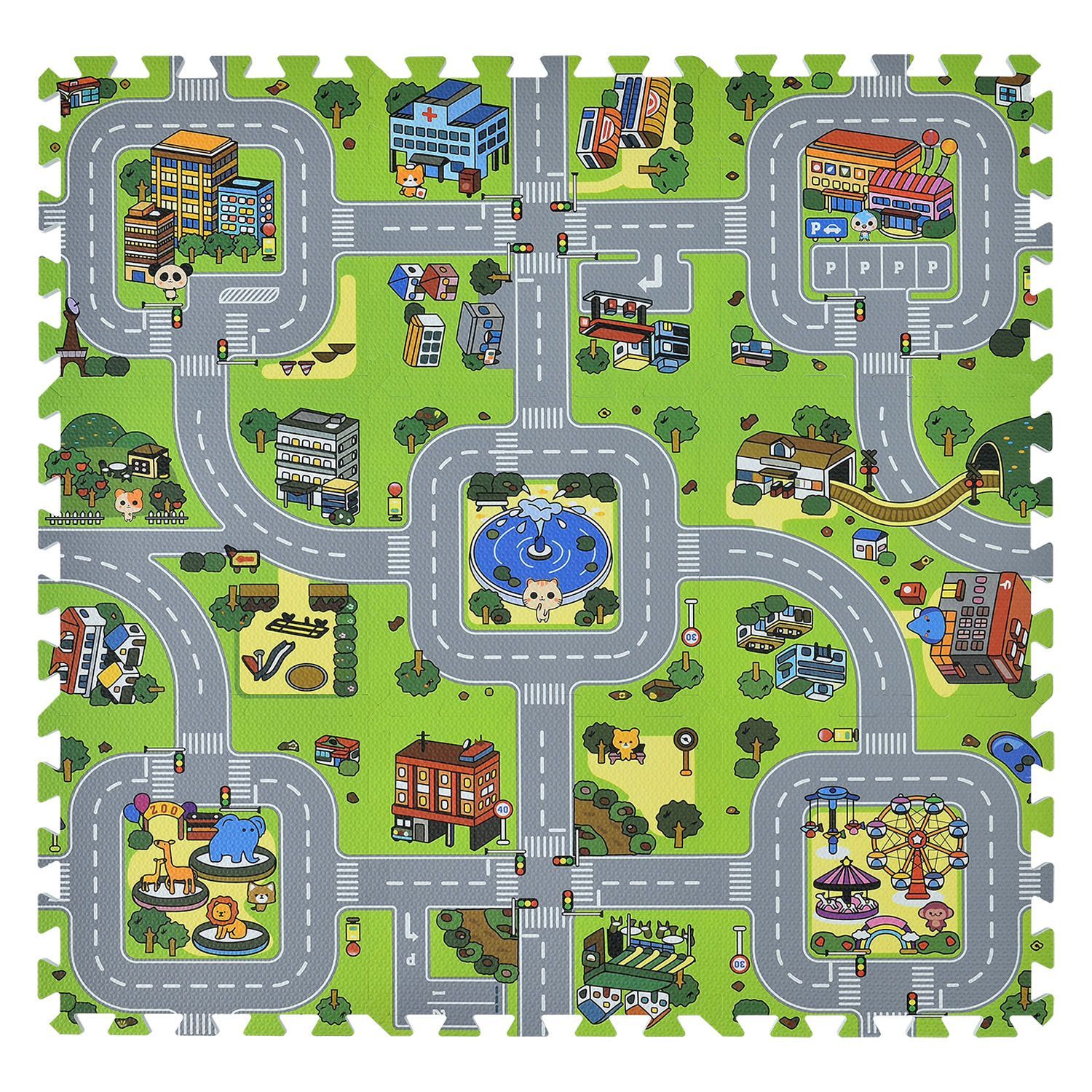 Juskys Kinder Puzzlematte Jascha 9 Teile - Stadt & Stra&szlig;en &ndash; rutschfest &ndash; Spielmatte ab 10 Monate - Bild 1