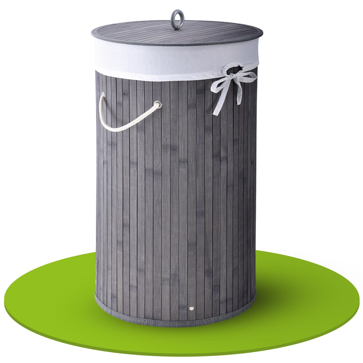 Juskys Bambus Wäschekorb Curly-Round 55 Liter Wäschesammler mit Deckel, Griff & Wäschesack – Grau | 04260565524434
