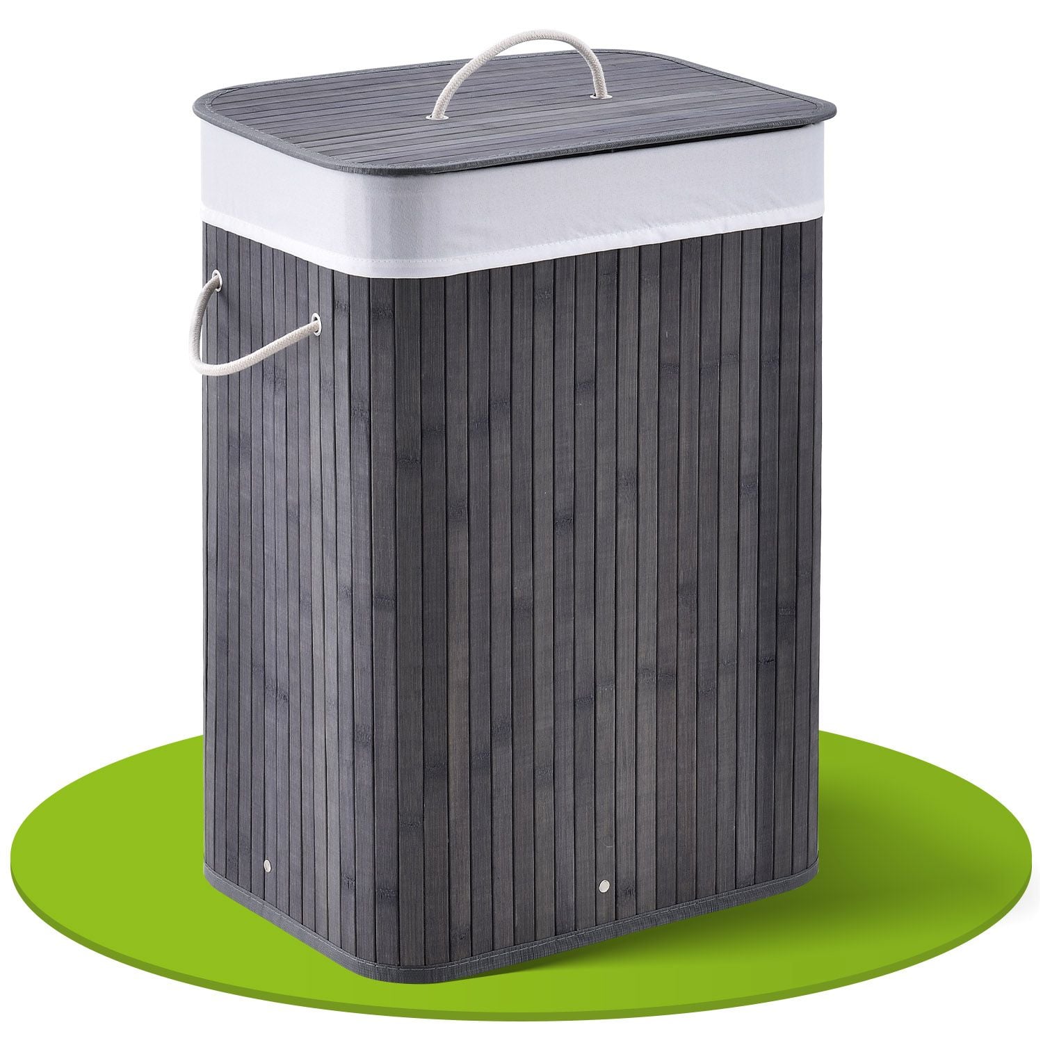 Juskys Bambus W&auml;schekorb Curly 72 Liter mit Stoff W&auml;schesack & Tragegriffen | W&auml;schebox in Grau - Bild 1