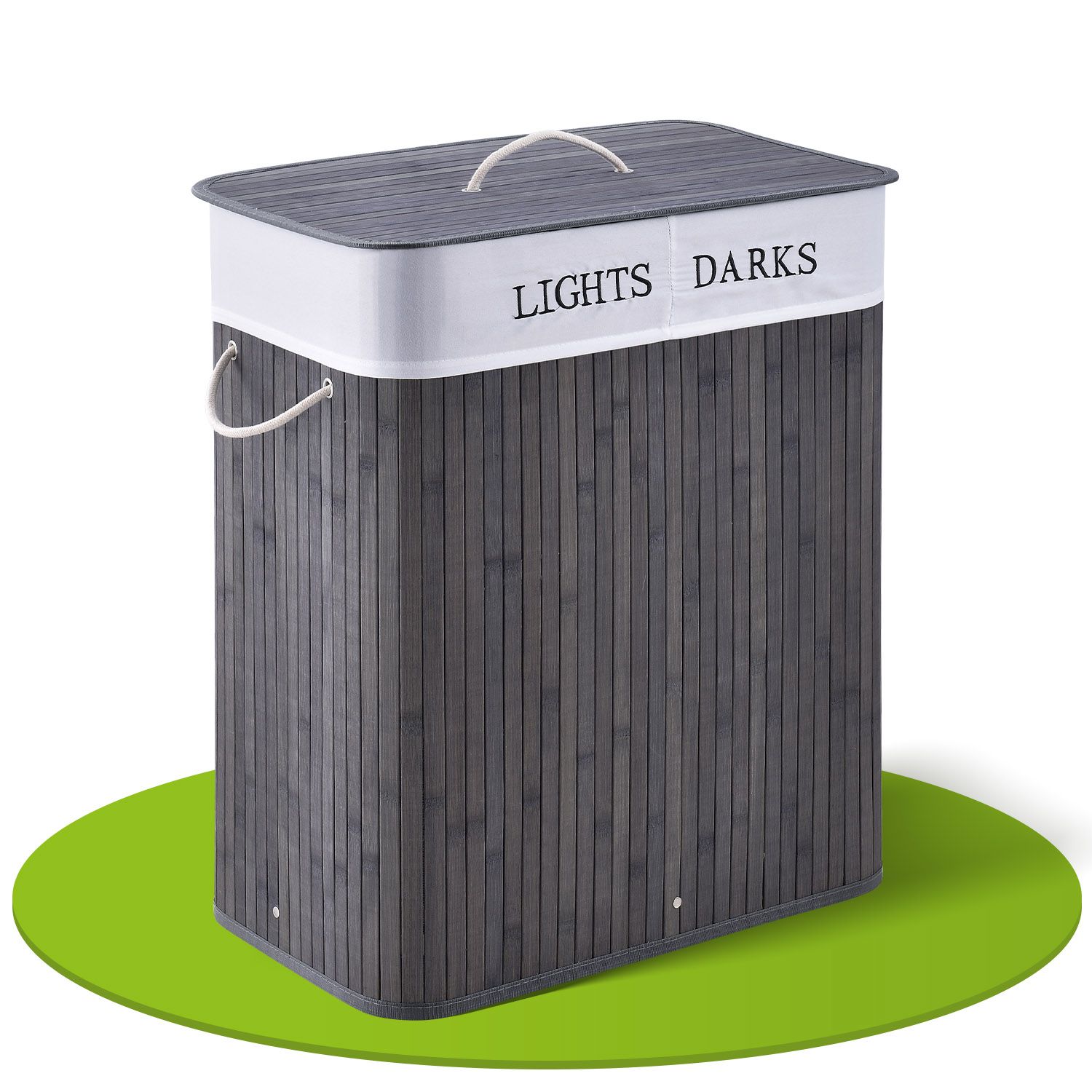 Juskys Bambus W&auml;schekorb Curly 100 Liter mit Deckel & W&auml;schesack | 2 F&auml;cher W&auml;schesammler | Grau - Bild 1