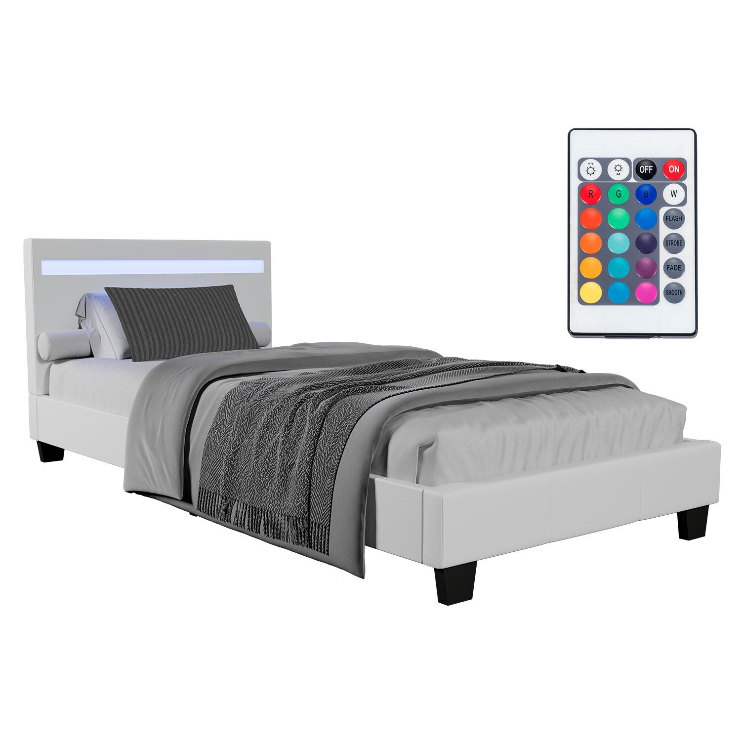 Juskys Polsterbett Paris 90 x 200 cm weiß – Bettgestell inkl. LED-Beleuchtung & Lattenrost | 04260565525011