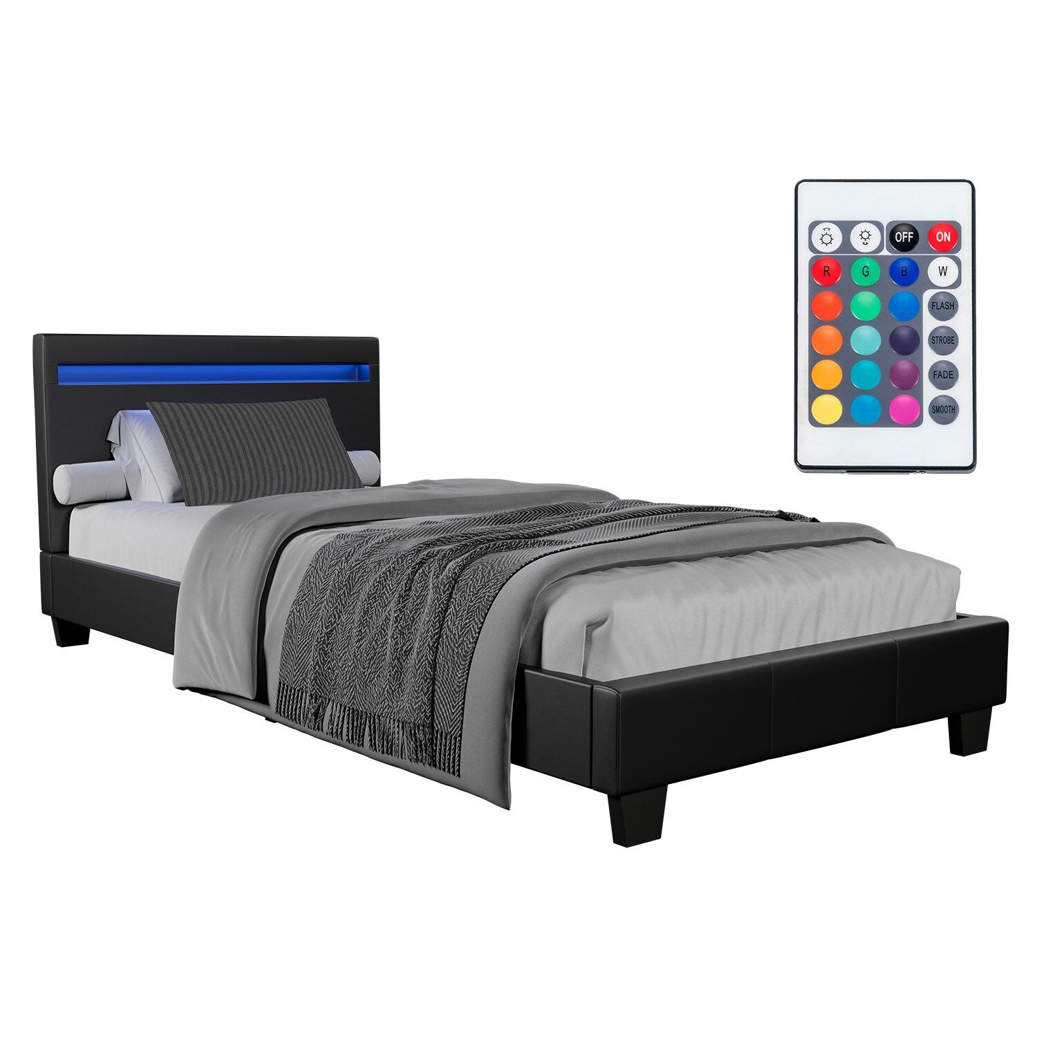 Juskys Polsterbett Paris 90 x 200 cm schwarz &ndash; Bettgestell inkl. LED-Beleuchtung & Lattenrost - Bild 1