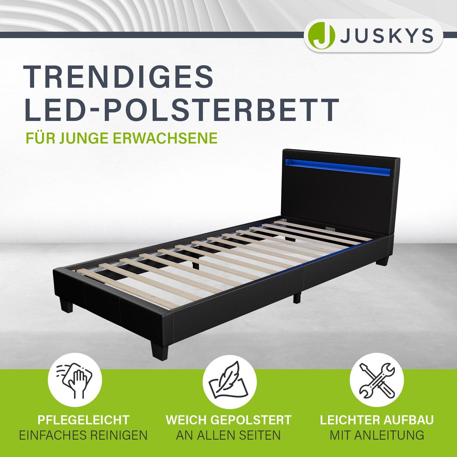 Juskys Polsterbett Verona 90 x 200 cm schwarz – Bettgestell inkl. LED-Beleuchtung & Lattenrost | 04260565525028