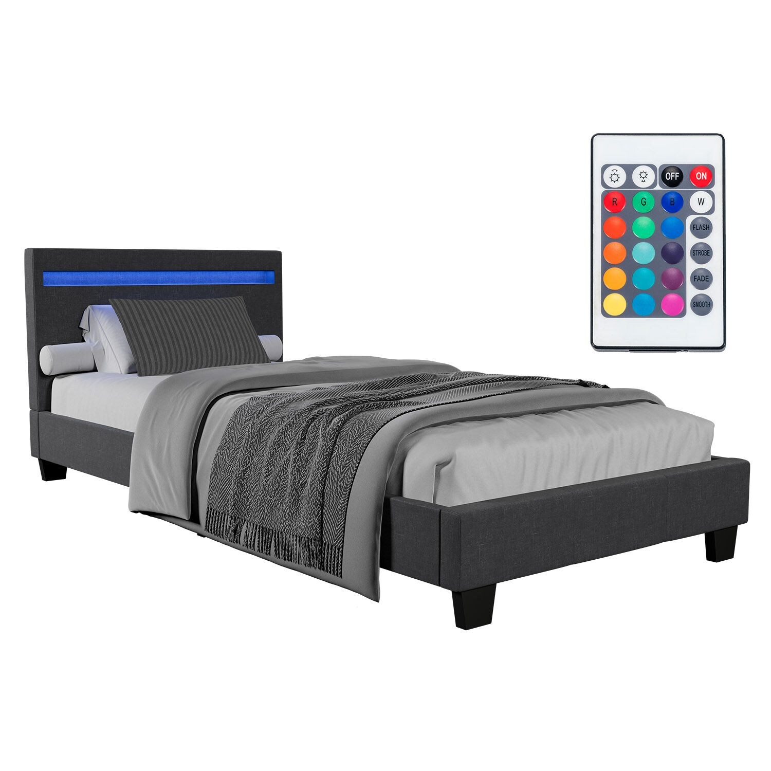 Juskys Polsterbett Paris 90 x 200 cm grau &ndash; Bettgestell inkl. LED-Beleuchtung & Lattenrost - Bild 1