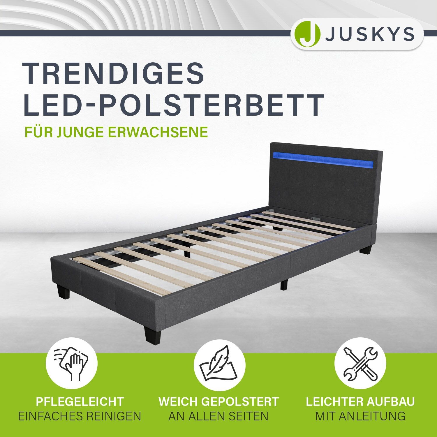 Juskys Polsterbett Verona 90 x 200 cm grau – Bettgestell inkl. LED-Beleuchtung & Lattenrost | 04260565525035