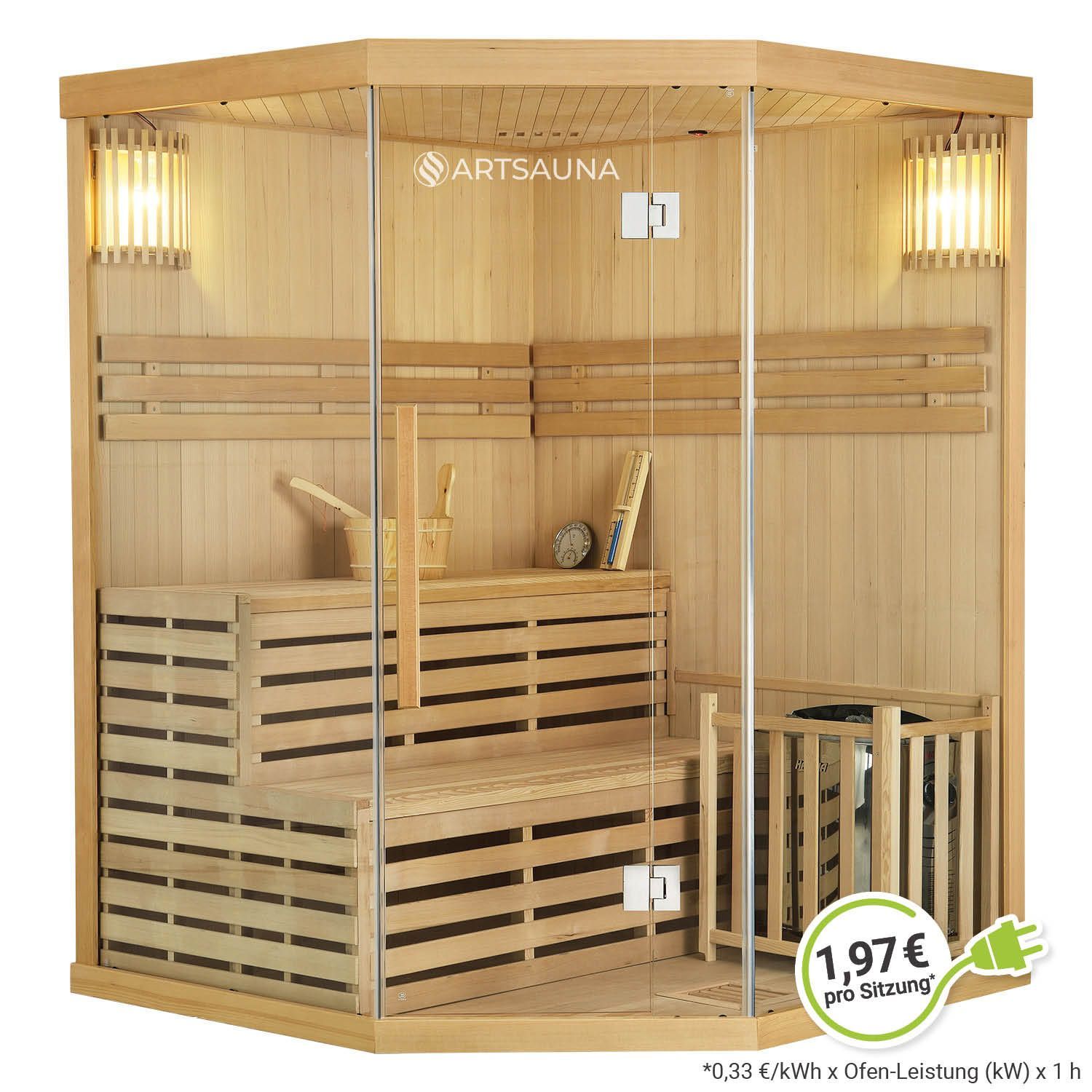 Artsauna Saunakabine Espoo150 Premium mit Harvia Ofen &ndash; 3 Personen &ndash; Hemlock Holz & Glasfront - Bild 1