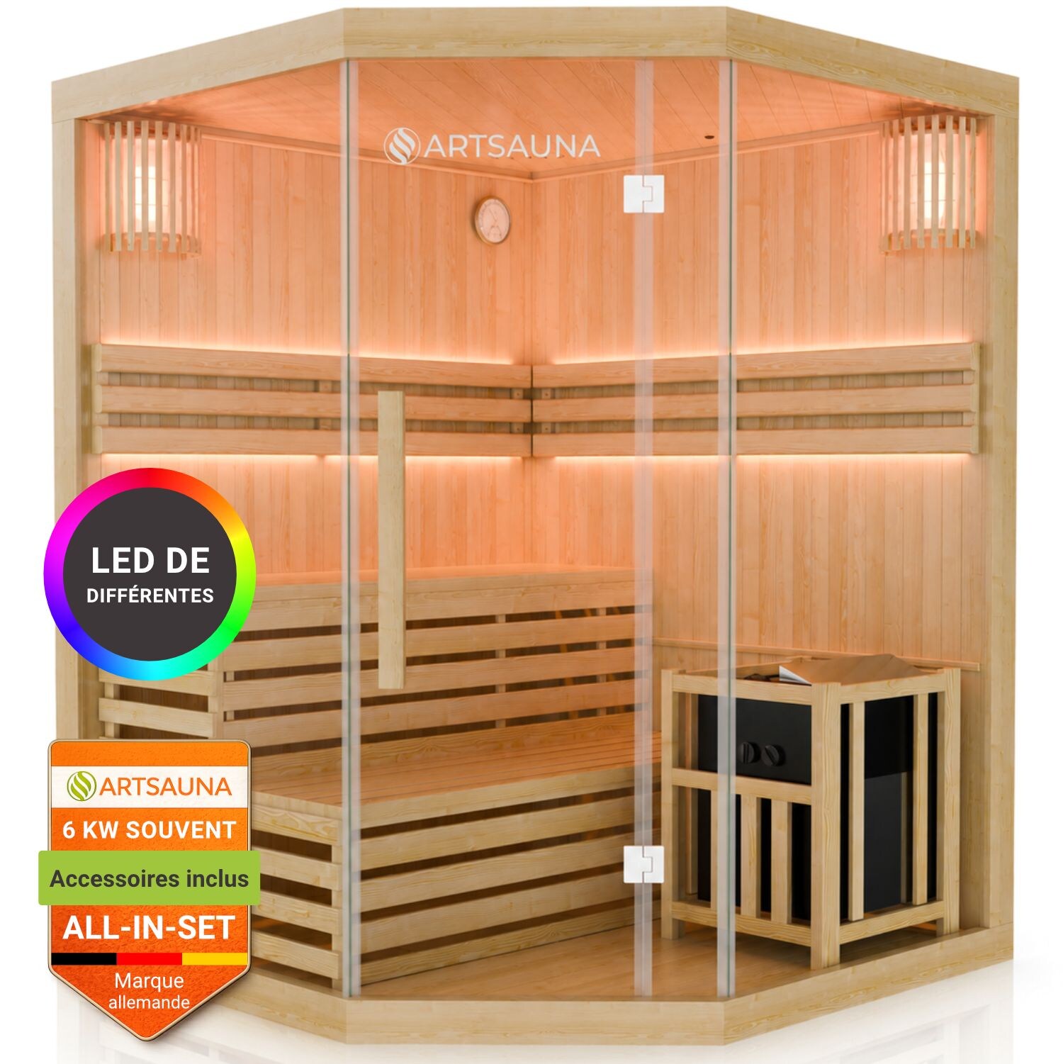 Artsauna Saunakabine Espoo150 Premium mit Saunaofen – 3 Personen – Hemlock Holz & Glasfront