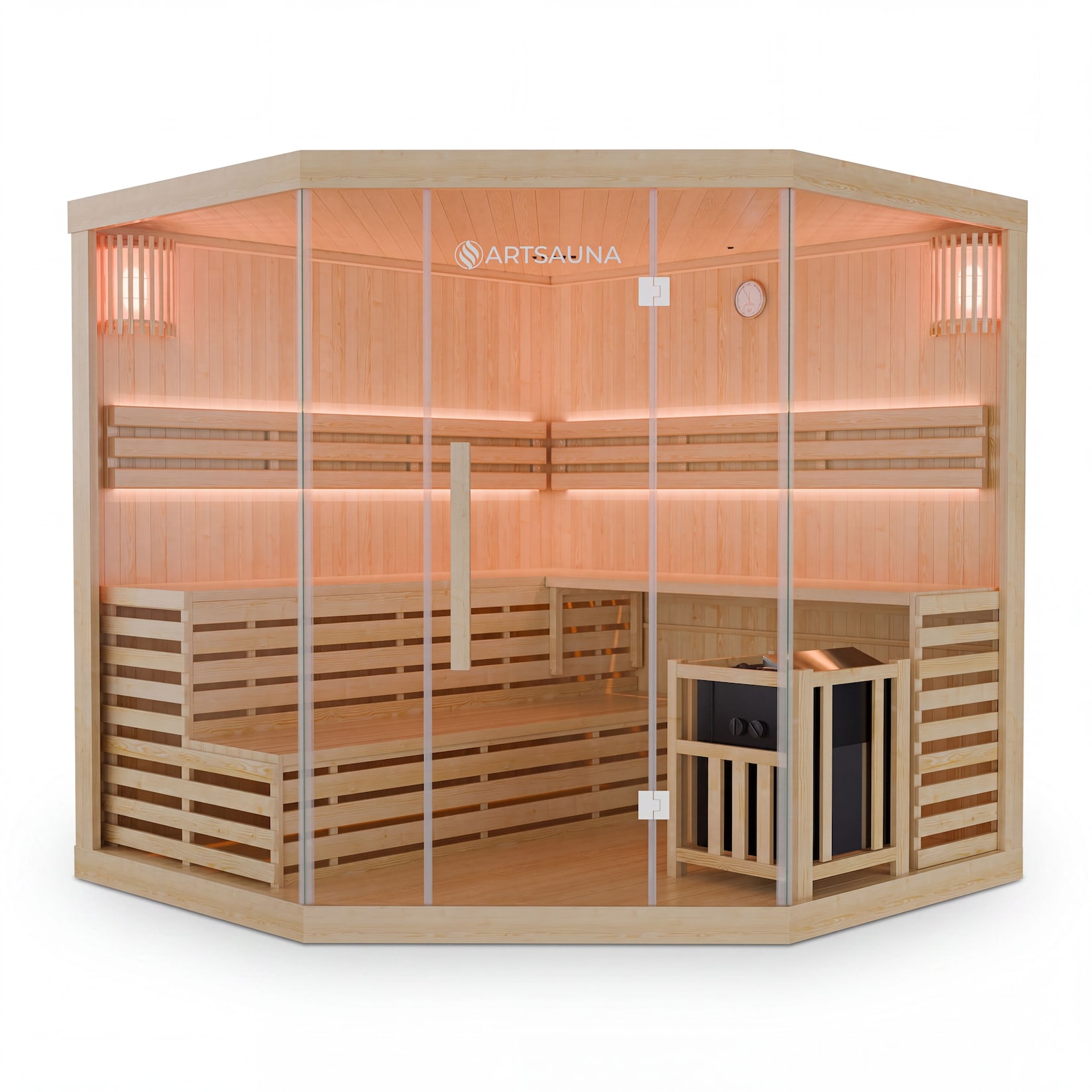 Artsauna Saunakabine Espoo200 Premium mit Saunaofen – 5 Personen – Hemlock Holz & Glasfront