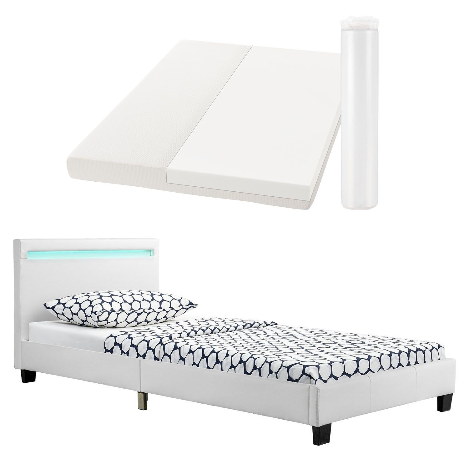 Juskys Polsterbett Verona 90×200 cm weiß mit Matratze – Einzelbett + LED-Beleuchtung & Lattenrost | 04260565525042