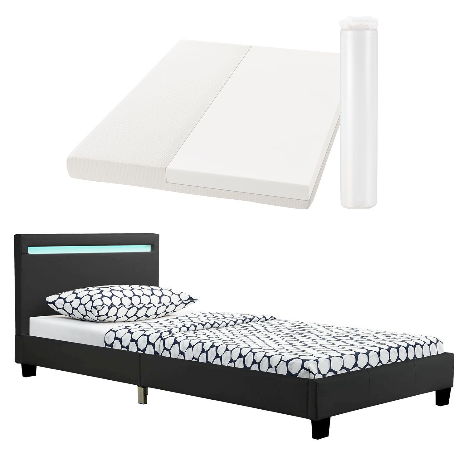 Juskys Polsterbett Verona 90×200 cm schwarz mit Matratze – Einzelbett + LED-Beleuchtung & Lattenrost | 04260565525059