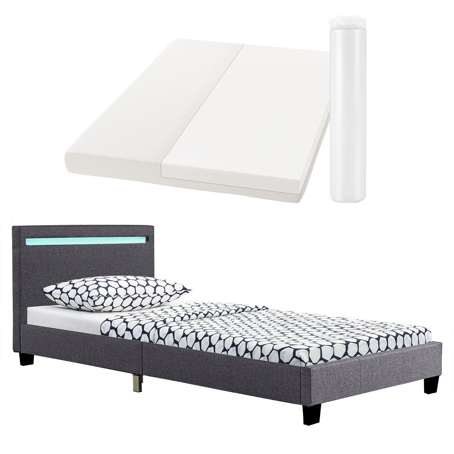 Juskys Polsterbett Verona 90×200 cm grau mit Matratze – Einzelbett + LED-Beleuchtung & Lattenrost | 04260565525066