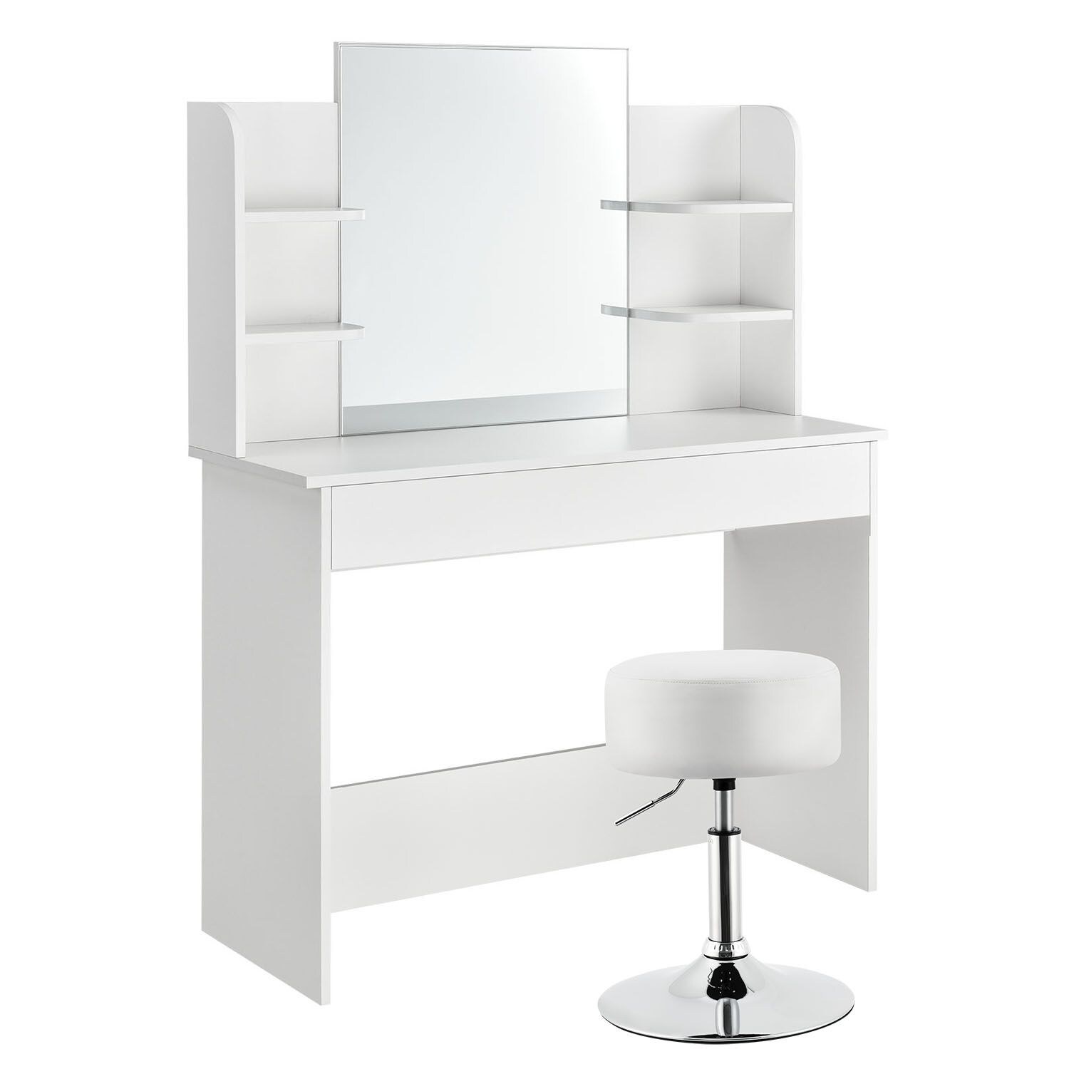 Juskys Schminktisch Bella mit LED & Hocker Tonia rund, höhenverstellbar – Spiegel & Stauraum – Weiß | 04262437183985