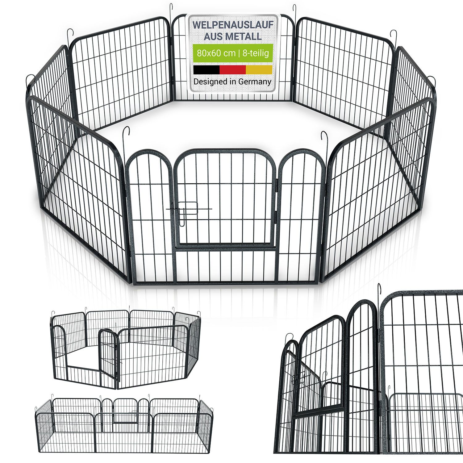 Juskys Welpenauslauf 160 x 160 x 60 cm, 8-teilig aus Metall mit T&uuml;r f&uuml;r Hunde, Hasen & Kleintiere - Bild 1