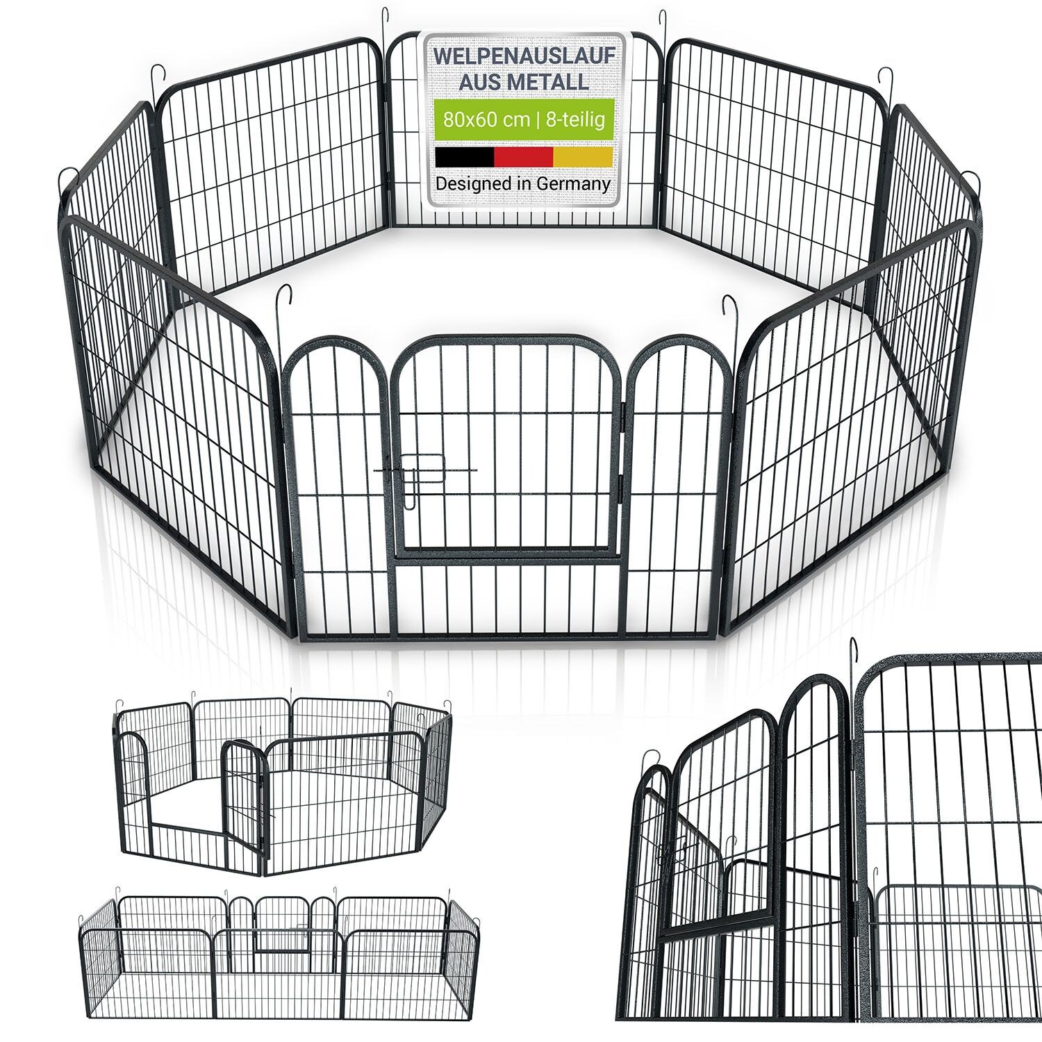 Juskys Welpenauslauf 160 x 160 x 60 cm, 8-teilig aus Metall mit Tür für Hunde, Hasen & Kleintiere | 04260565525202