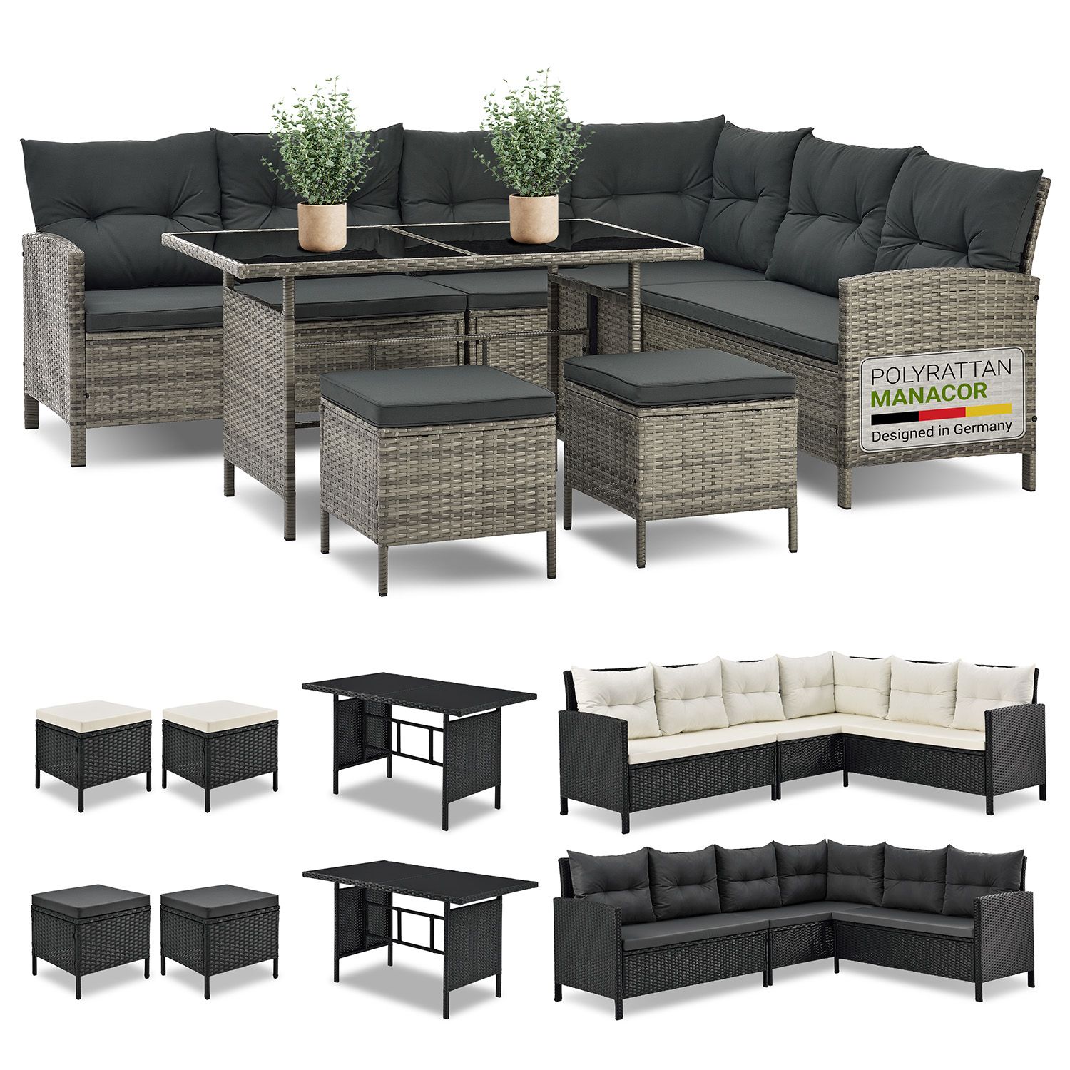 Juskys Gartenlounge Manacor grau - Sofa, Tisch, Hocker & Kissen - 7 Personen - Sitzbez&uuml;ge Grau - Bild 1