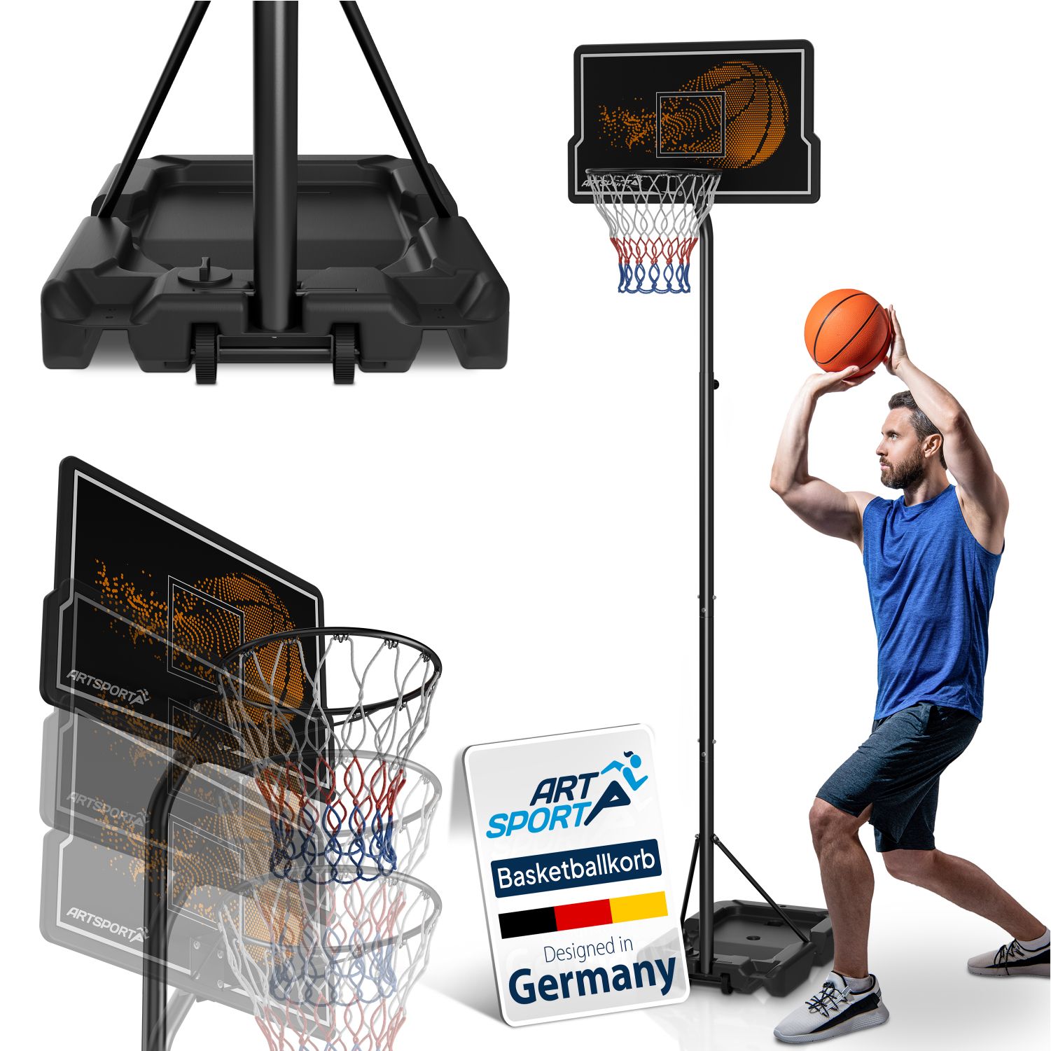 Artsport Outdoor Basketballkorb mit Standfu&szlig; & R&auml;dern - 3-fach h&ouml;henverstellbar 255 - 305 cm - Bild 1