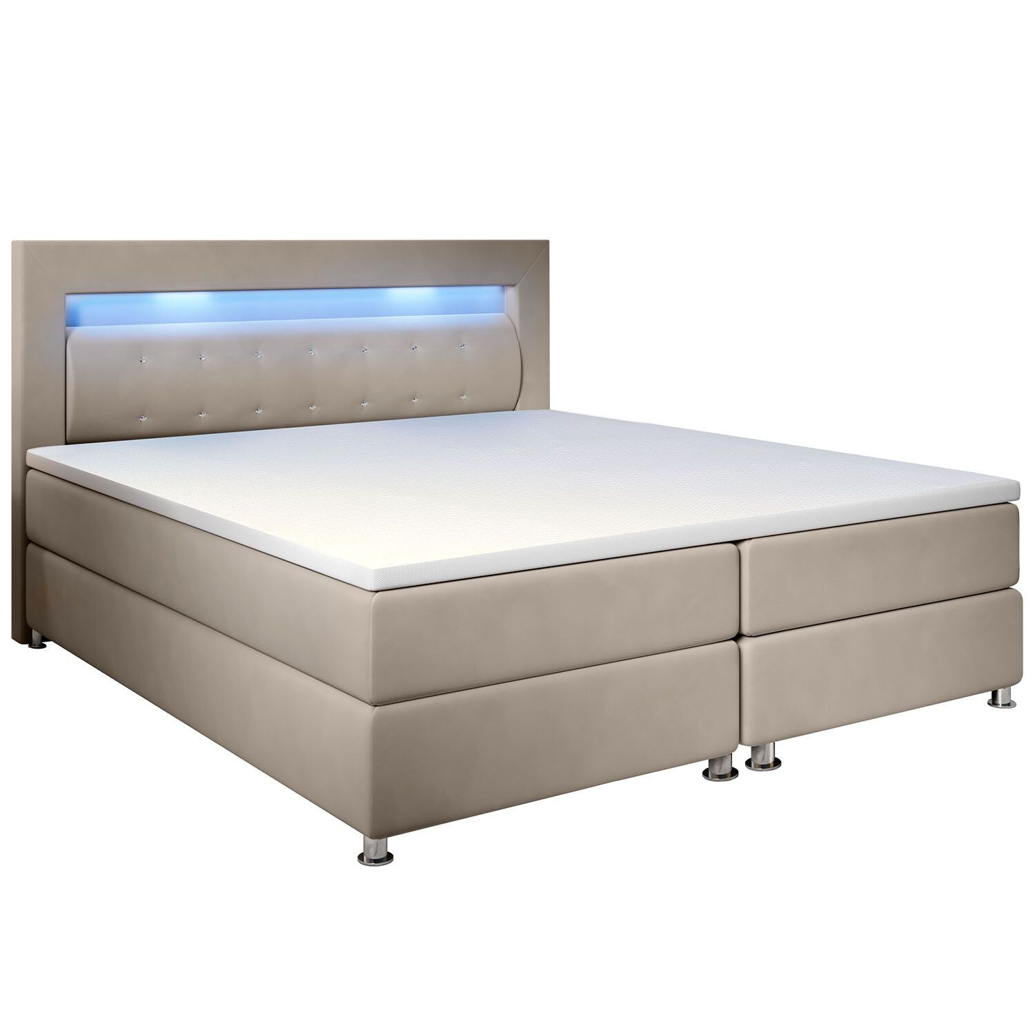 Juskys Boxspringbett Vancouver 180×200 cm – Bett mit LED, Topper & Federkern-Matratzen – Stoff Beige | 04260565526025