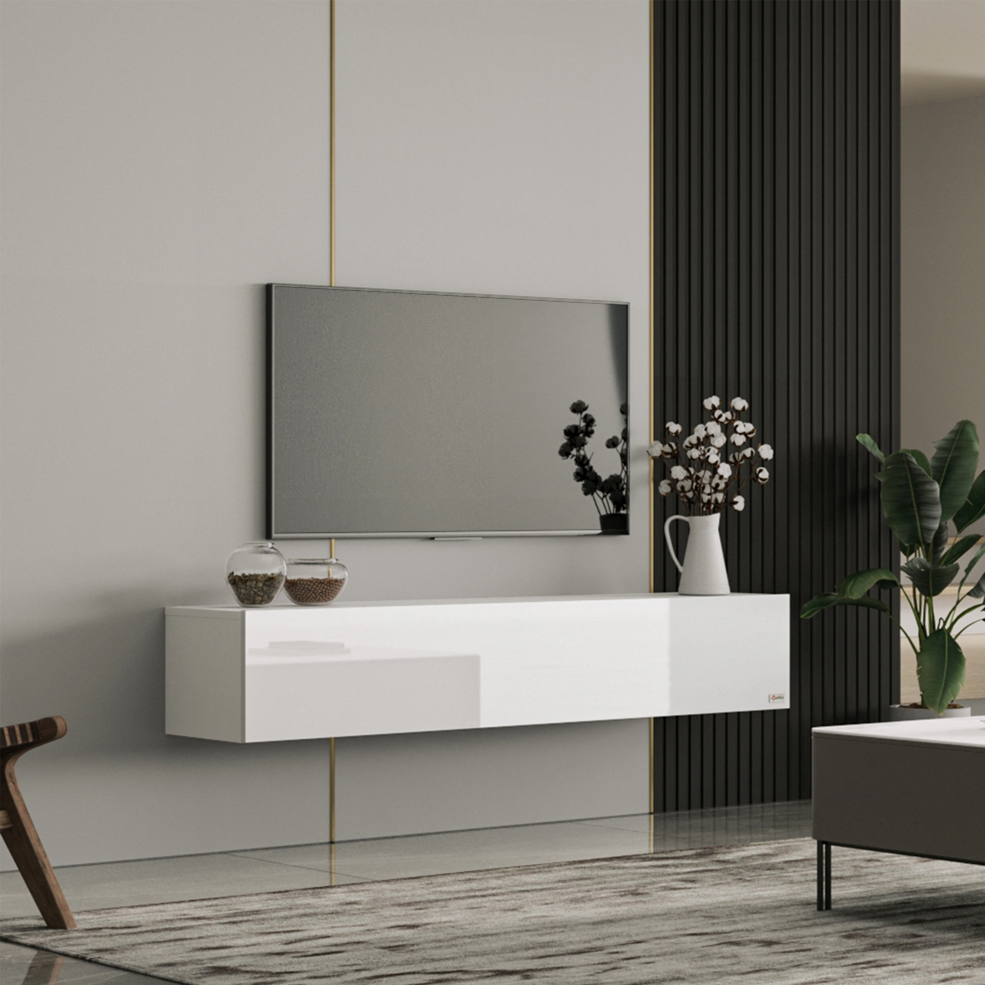 Makika TV Lowboard / Fernsehtisch - Wei&szlig; Hochglanz - Bild 1