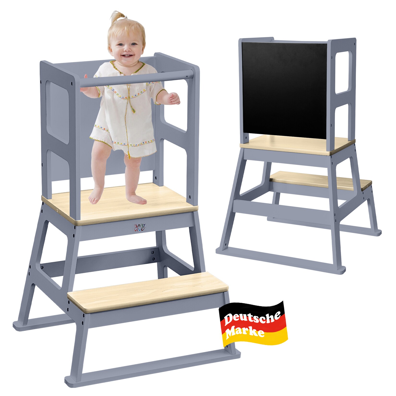 Baby Vivo Lernturm aus Holz – Mit Tafel in Grau | 04260595753743