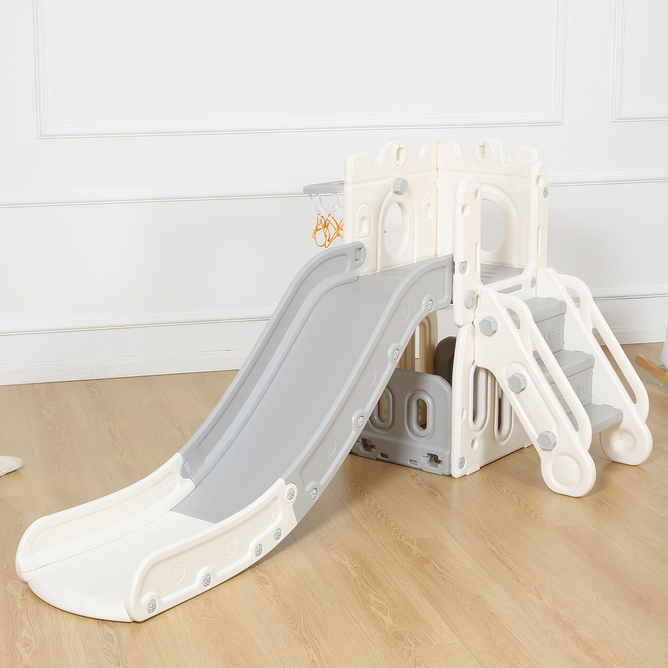 Baby Vivo Kinderrutsche / Rutsche mit Basketballkorb – Schloss in Grau / Beige | 04260595754207