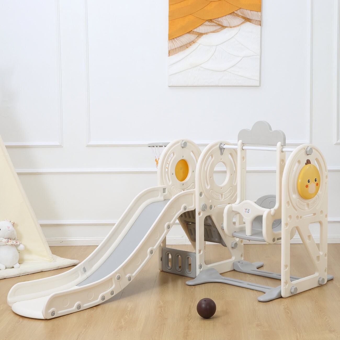 Baby Vivo Kinderrutsche / Rutsche mit Basketballkorb – Quacki in Weiß / Beige | 04260595754214