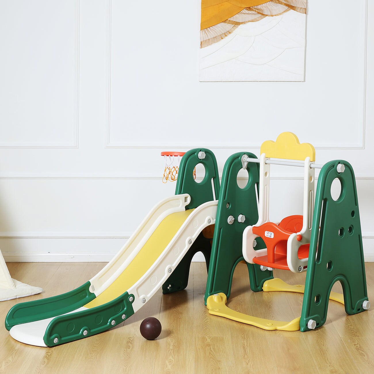 Baby Vivo Kinderrutsche / Rutsche mit Basketballkorb – Froggy in Dunkelgrün | 04260595754238