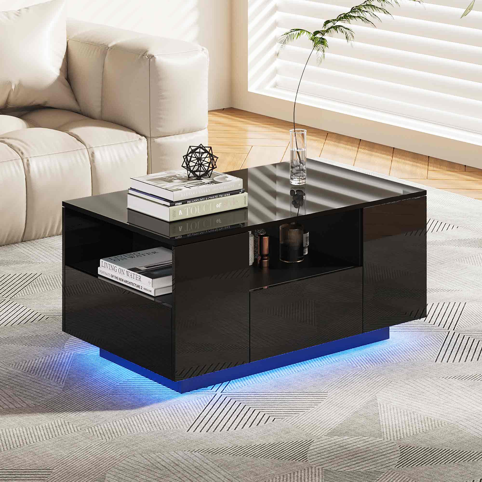 Makika LED Couchtisch / Design Wohnzimmertisch mit Ablagefach und Schubladen - Schwarz Hochglanz - Bild 1