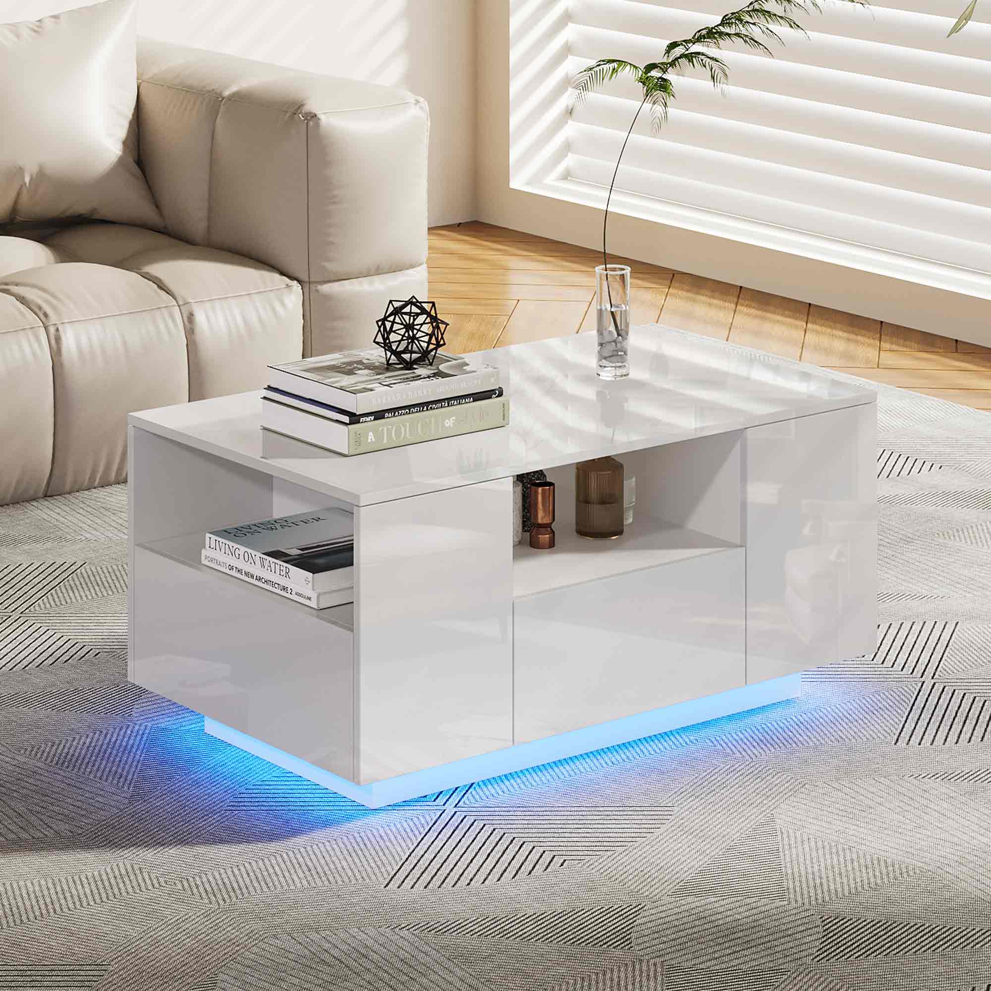 Makika LED Couchtisch / Design Wohnzimmertisch mit Ablagefach und Schubladen - Wei&szlig; Hochglanz - Bild 1
