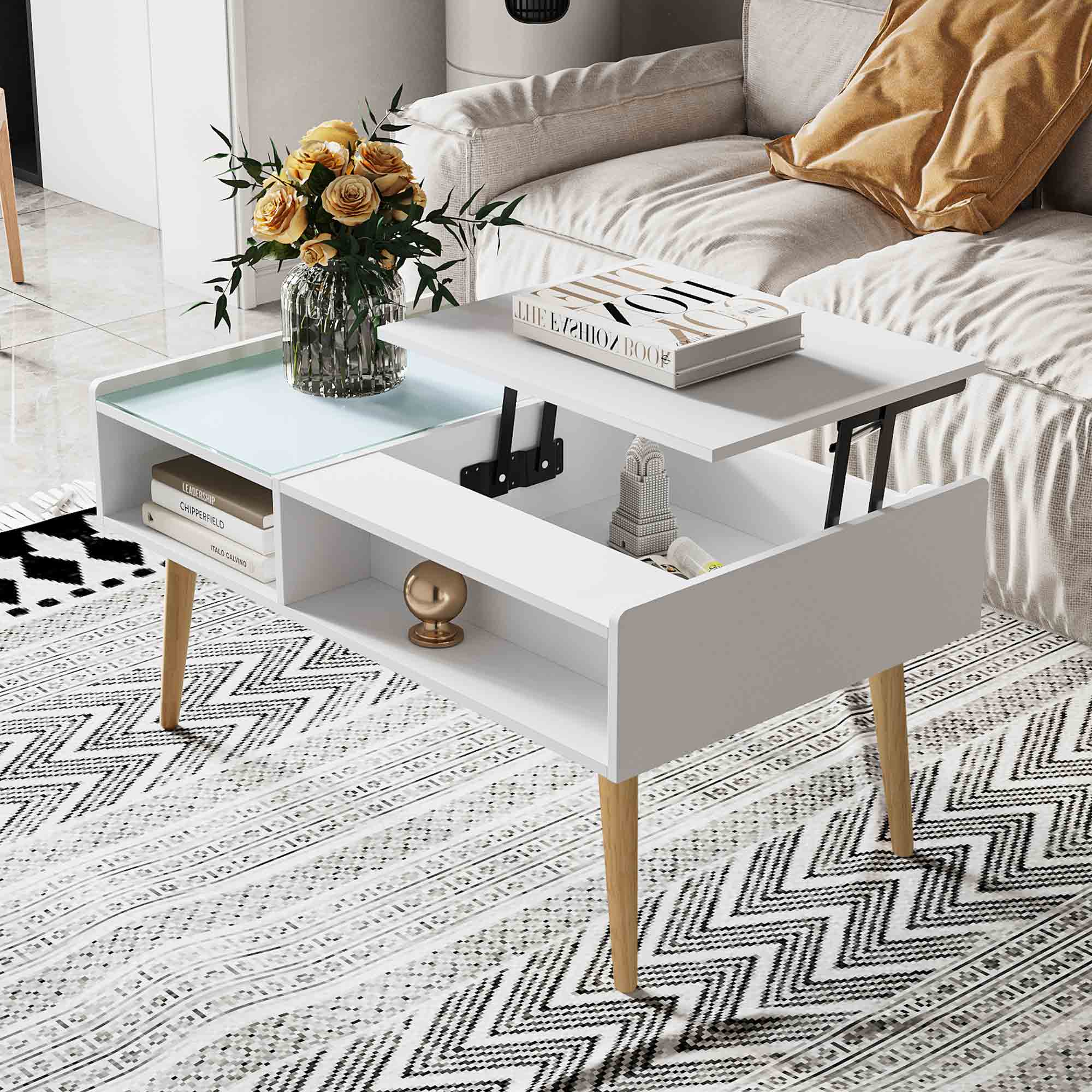 Makika Couchtisch / Wohnzimmertisch mit Glas ausziehbar mit verstecktem Fach in Wei&szlig; - Bild 1