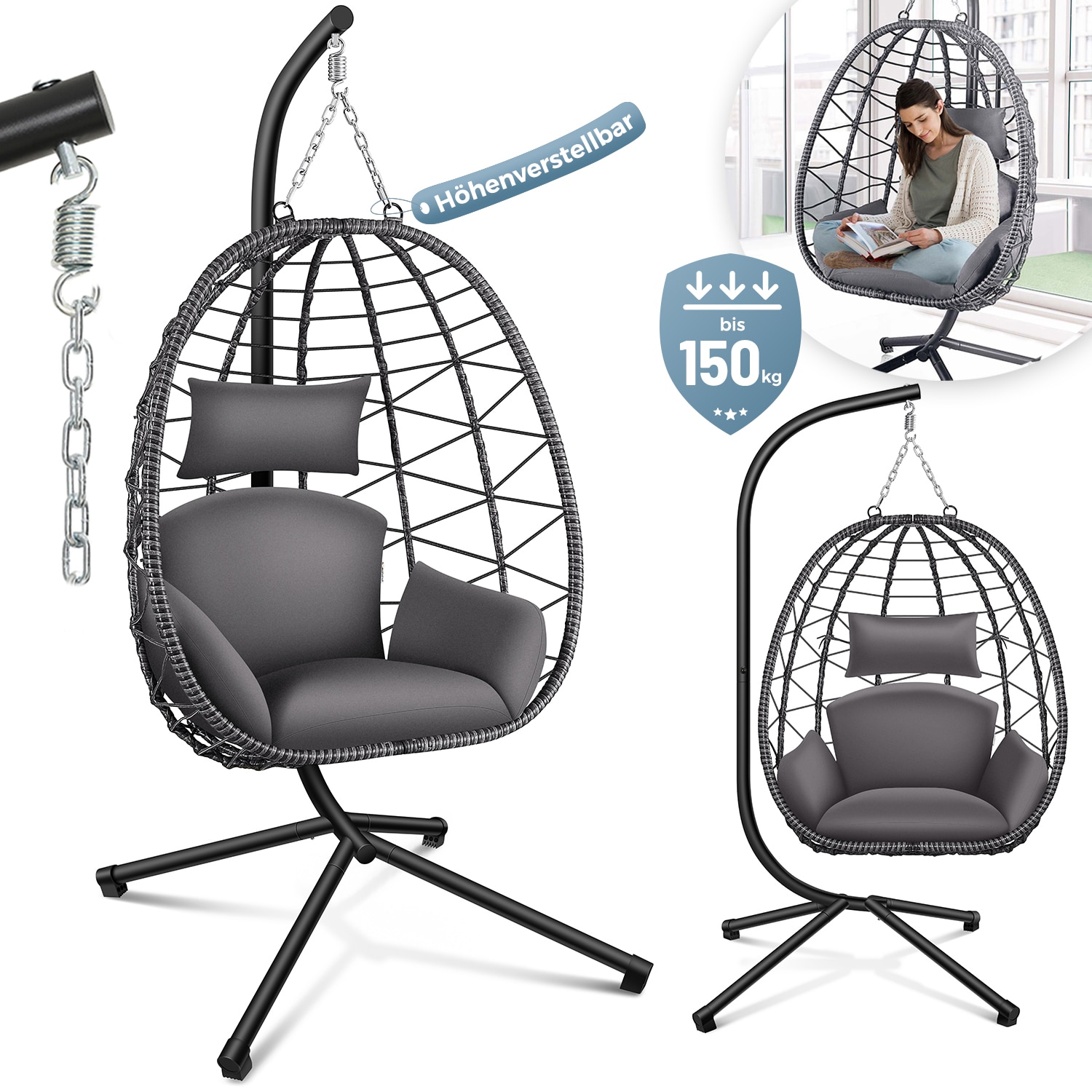 Makika H&auml;ngesessel mit Gestell h&ouml;henverstellbar aus Polyrattan in Grau - Bild 1